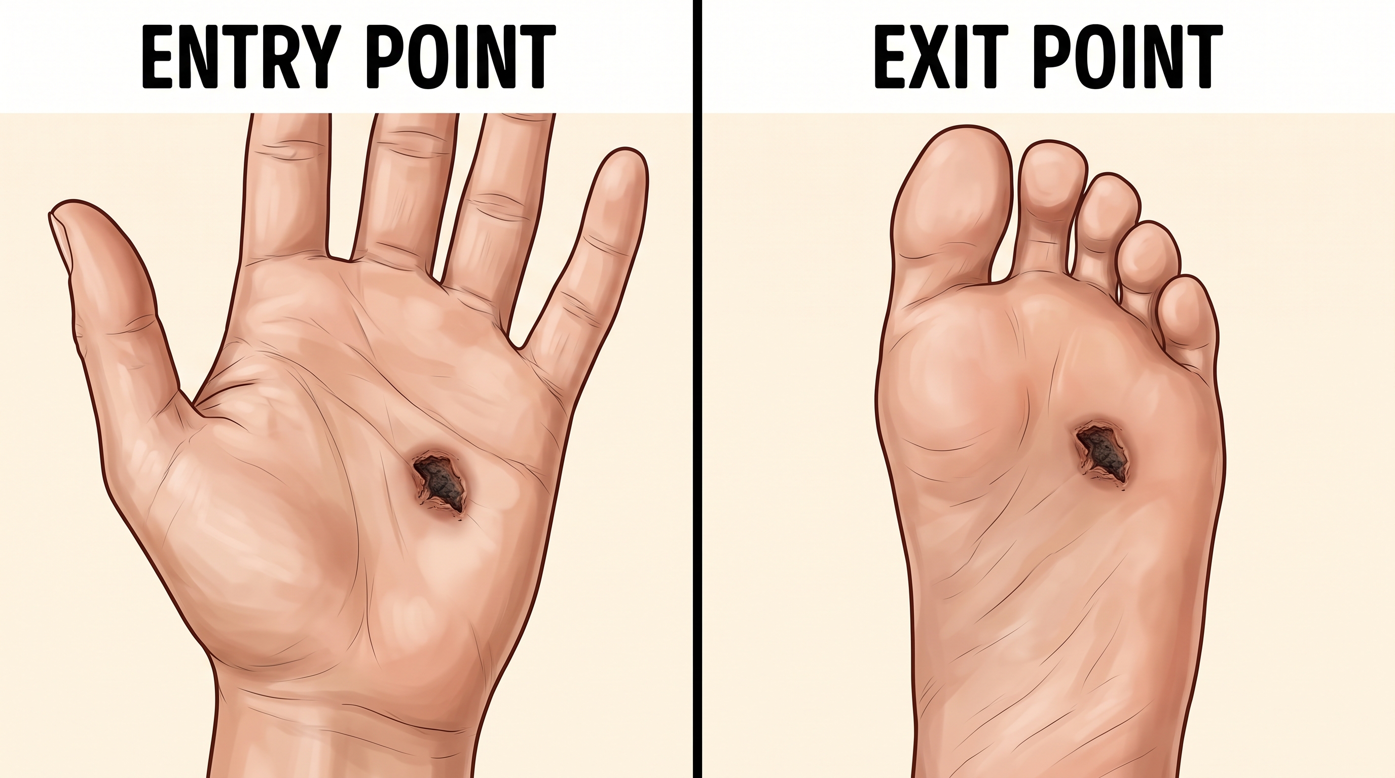 Split-image comparison showing a small dark entry burn mark on a hand next to a matching exit burn mark on a foot, labeled entry point and exit point, clinical but warm-toned illustration style