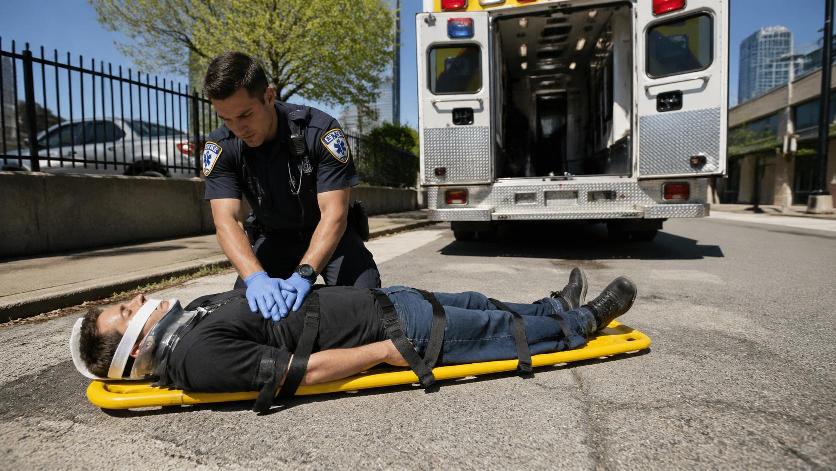 Emergency medical technician performing a rapid trauma assessment on a patient lying on a yellow backboard, bright outdoor daylight, wide angle, photojournalistic style
