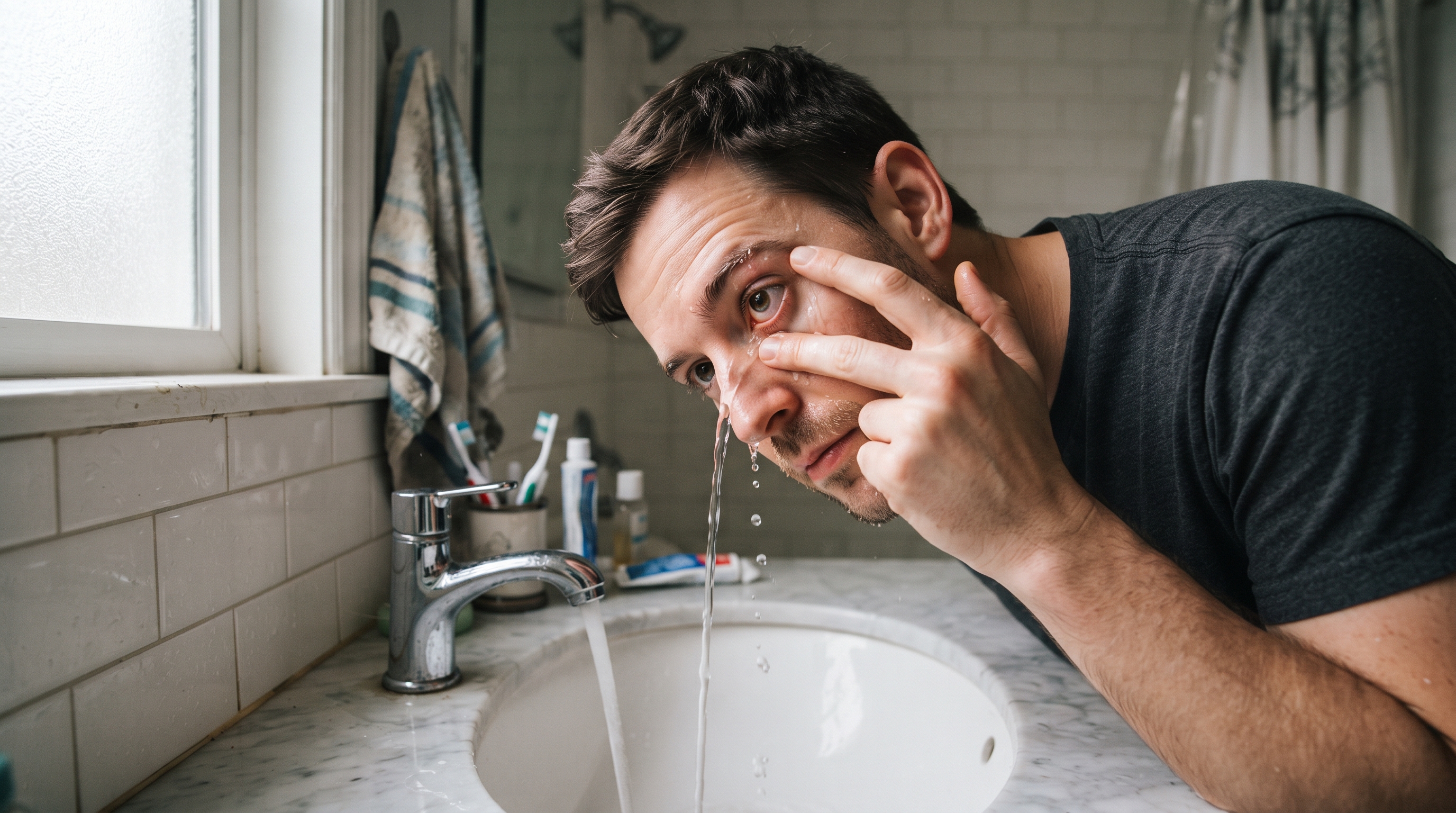 A man tilts his head under a running bathroom faucet, holding his eyelid open with his fingers while flushing his eye with a steady stream of water