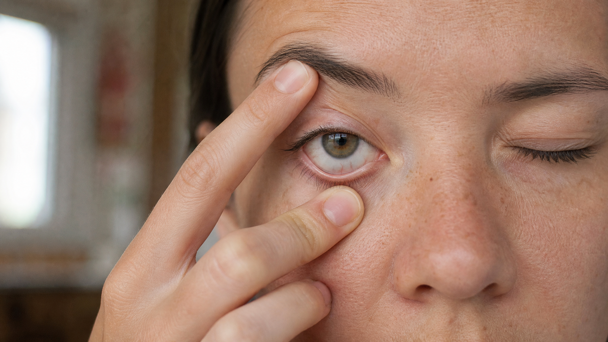 Close-up of a person gently pulling their upper eyelid down over the lower lid with clean fingers, trying to dislodge a loose piece of debris