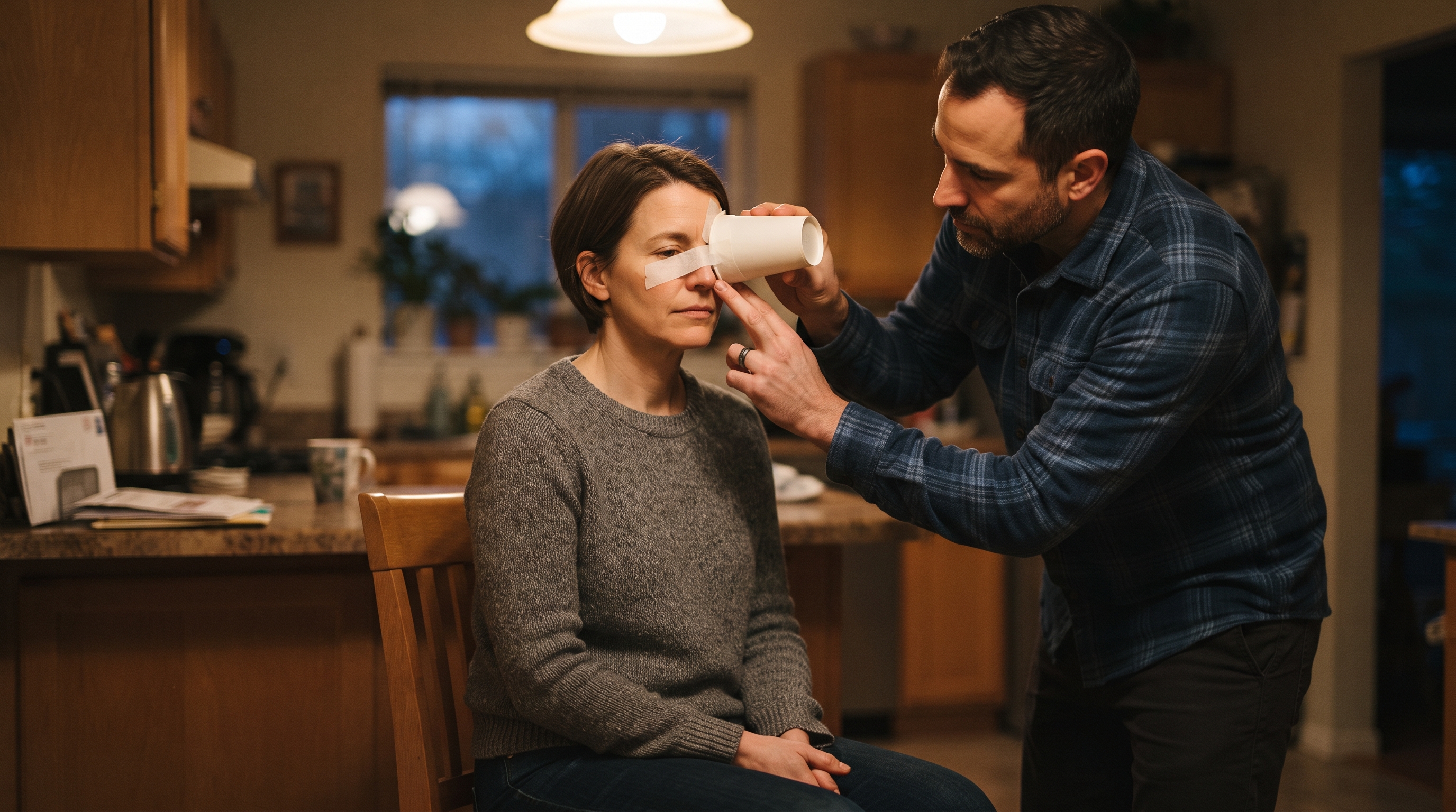A person carefully tapes the bottom half of a paper cup around the eye socket of another person, forming an improvised rigid shield without touching the eyeball itself