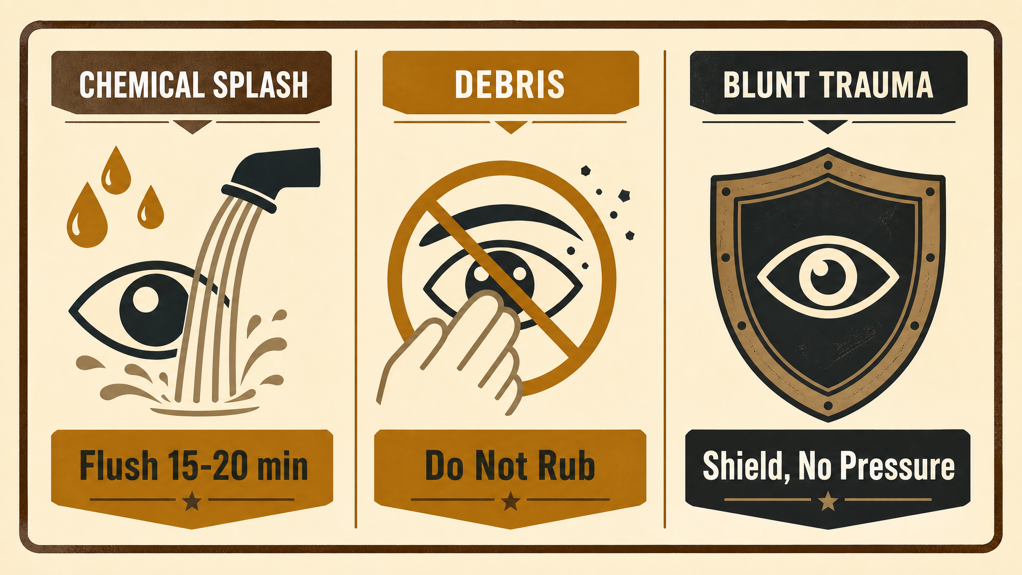 Side-by-side comparison graphic showing three eye injury types and their correct first response: chemical splash calls for flushing, debris calls for no rubbing, and blunt trauma calls for a rigid shield with no pressure