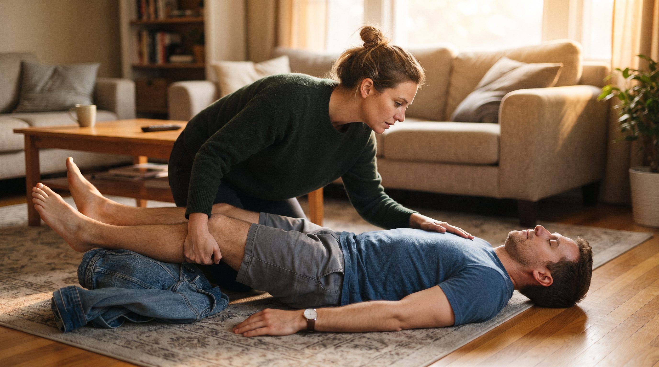 A person kneels on the floor next to someone who has fainted, propping their legs up on a folded jacket while checking their breathing