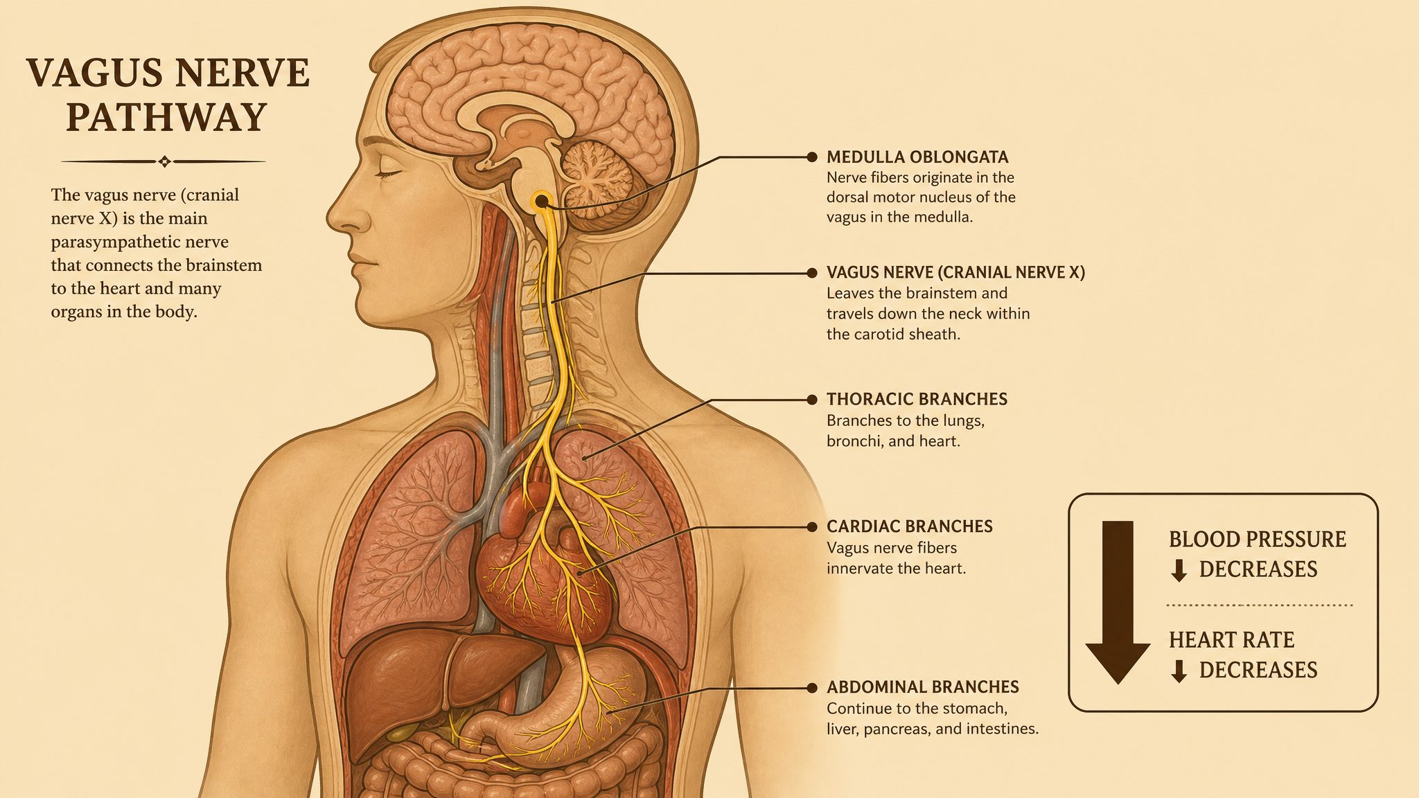 Anatomical illustration showing the vagus nerve pathway from brain to heart, with a downward arrow indicating dropping blood pressure and heart rate during a vasovagal fainting episode