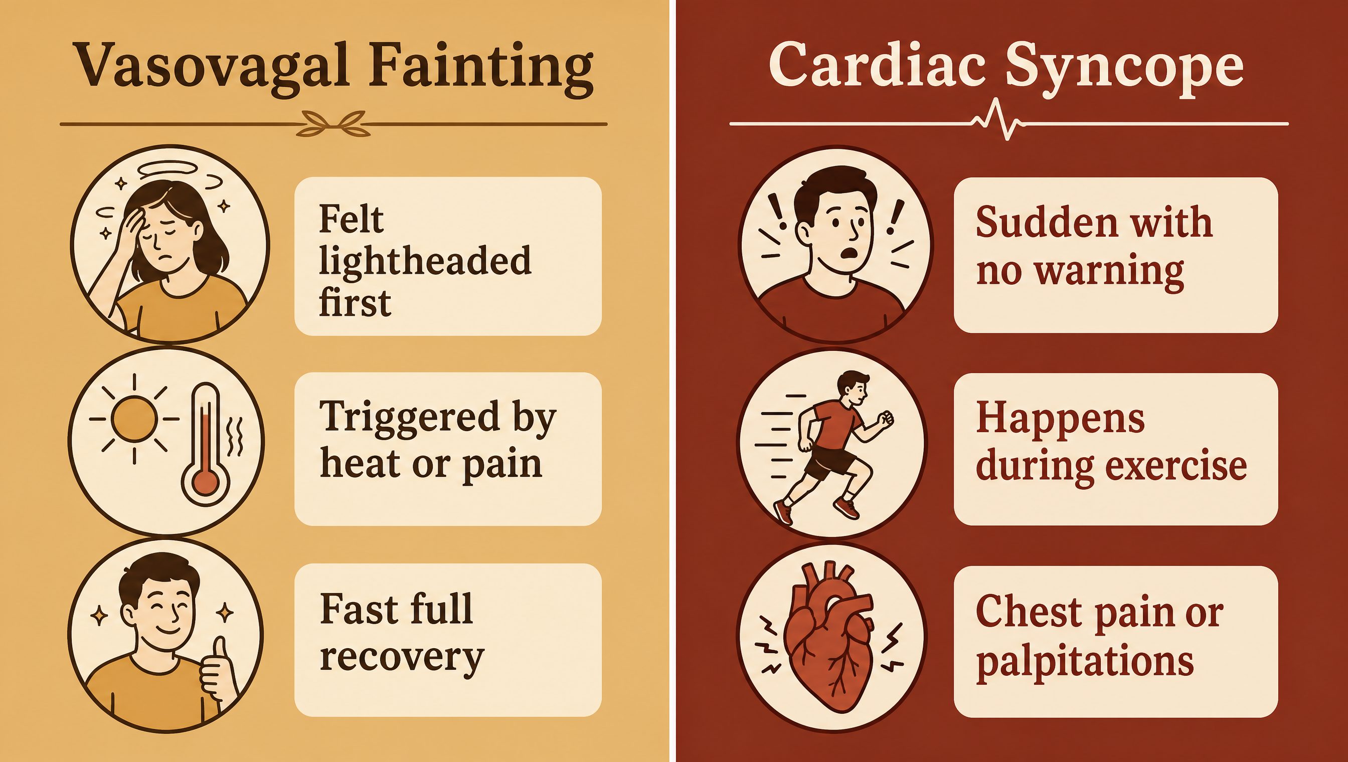 Split-image comparison graphic: left side shows warning signs of ordinary vasovagal fainting like lightheadedness and slow recovery, right side shows warning signs of cardiac syncope like chest pain and sudden collapse during exercise