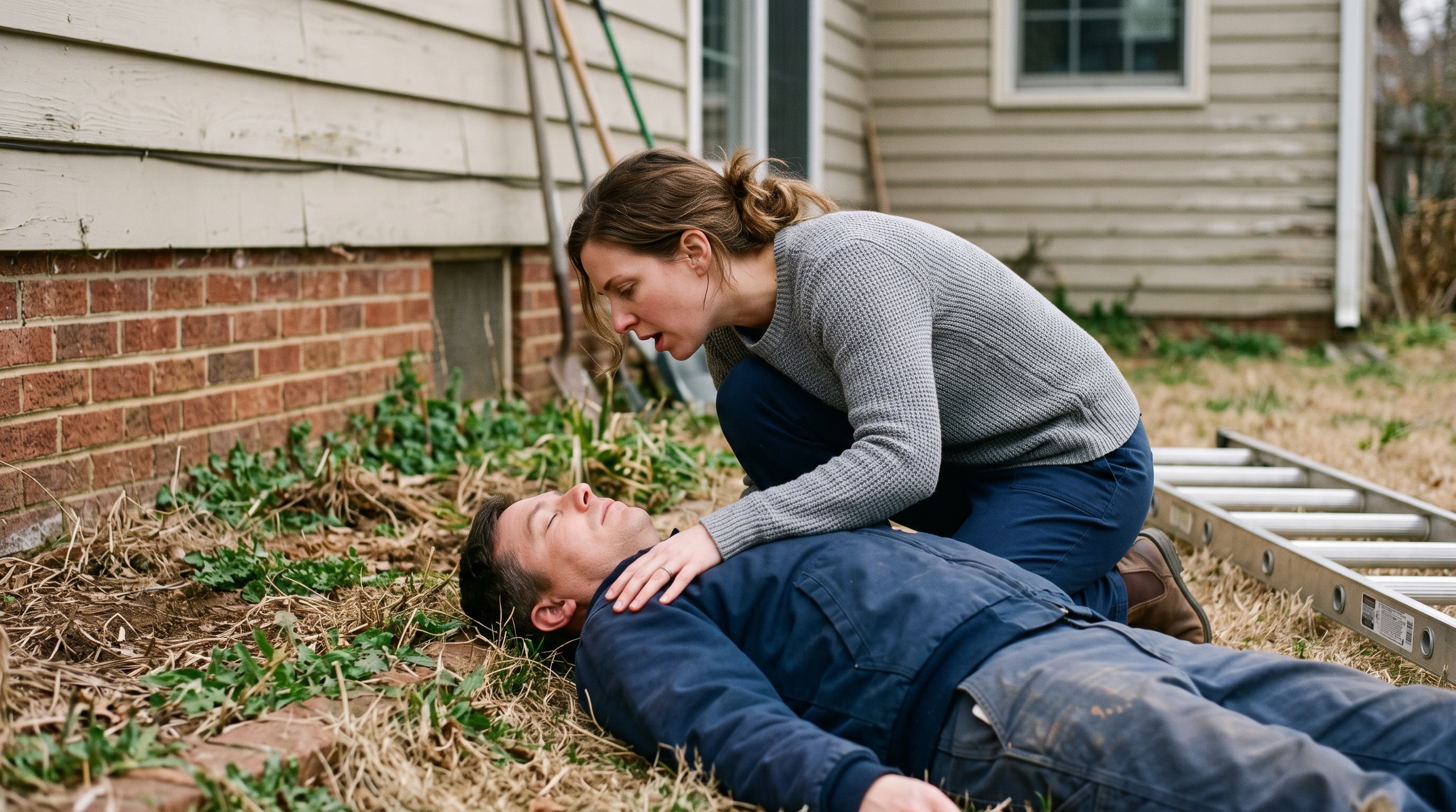 A person kneels close to a fallen individual on the ground, speaking to them and checking for a response without moving their head or neck