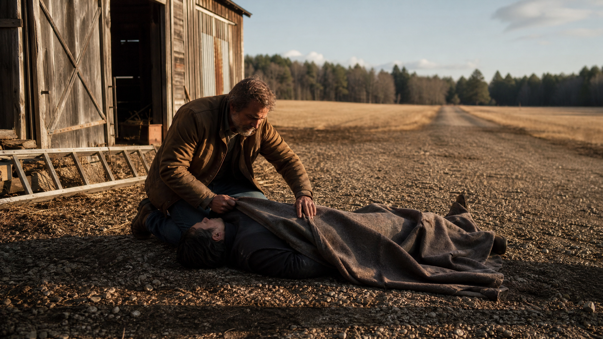 A person kneels beside a fallen individual on a rural property, keeping them covered with a blanket and calm while waiting for an ambulance to arrive on a long dirt driveway