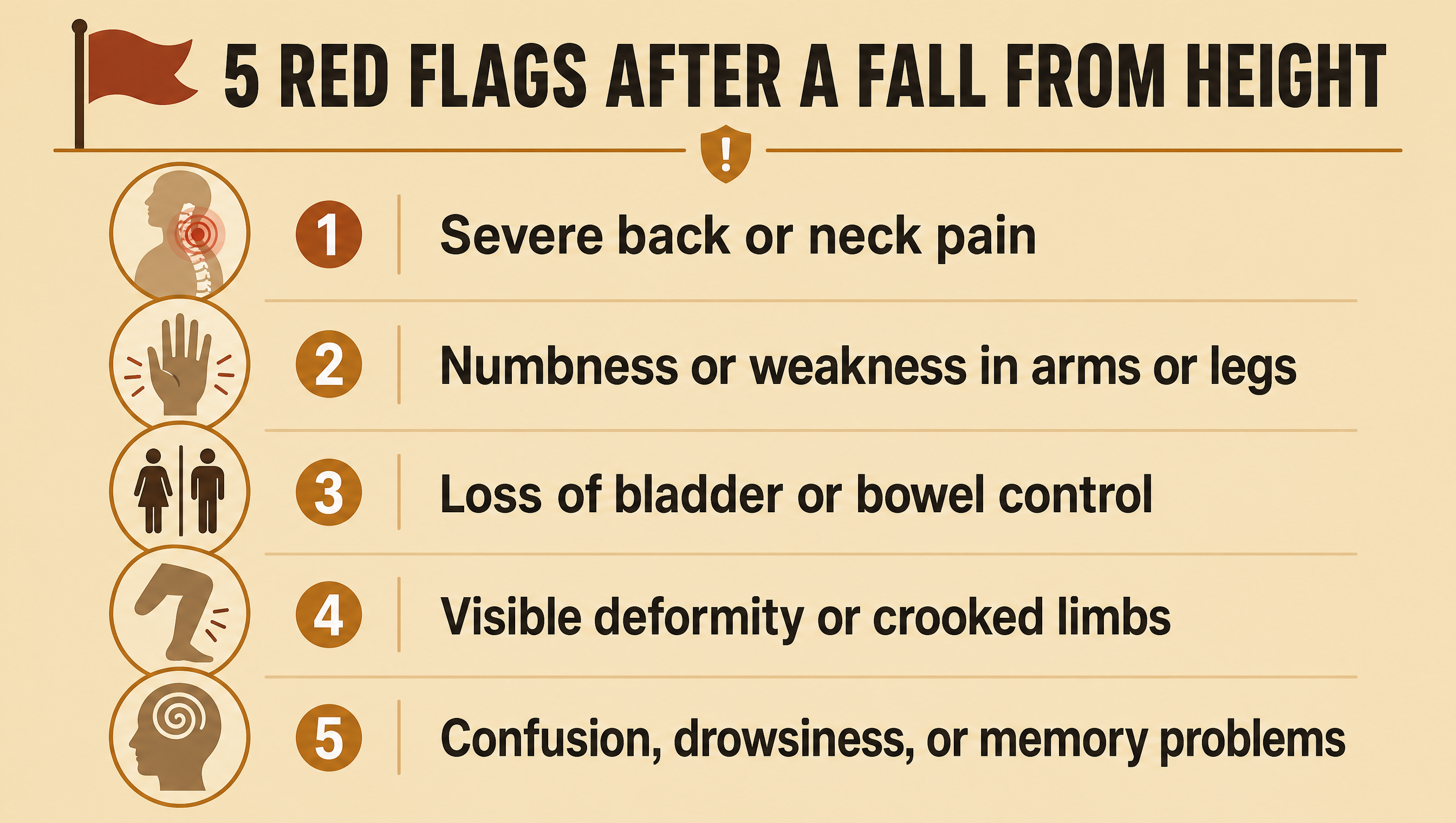 Infographic listing red-flag signs of a dangerous fall from height: severe neck or back pain, numbness or weakness in limbs, loss of bladder or bowel control, visible deformity, confusion or vomiting
