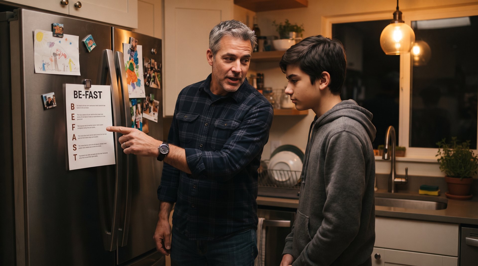Father in his fifties pointing to a BE-FAST stroke checklist held by a magnet on the refrigerator while his teenage son reads it, ordinary suburban kitchen in evening light