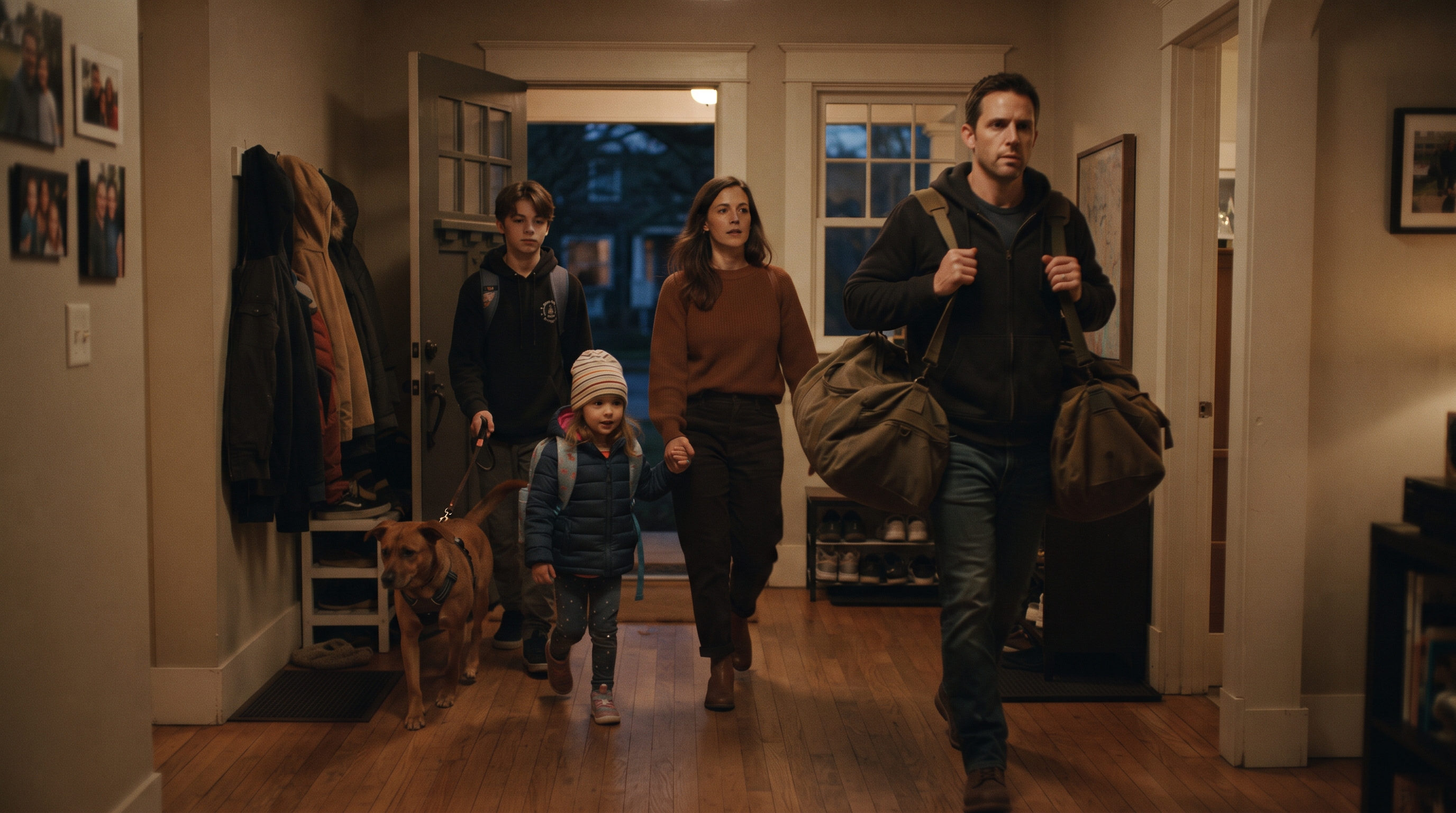 Family moving toward the front door with packed go-bags, a parent holding a young child's hand, and a teenager holding the family dog's leash