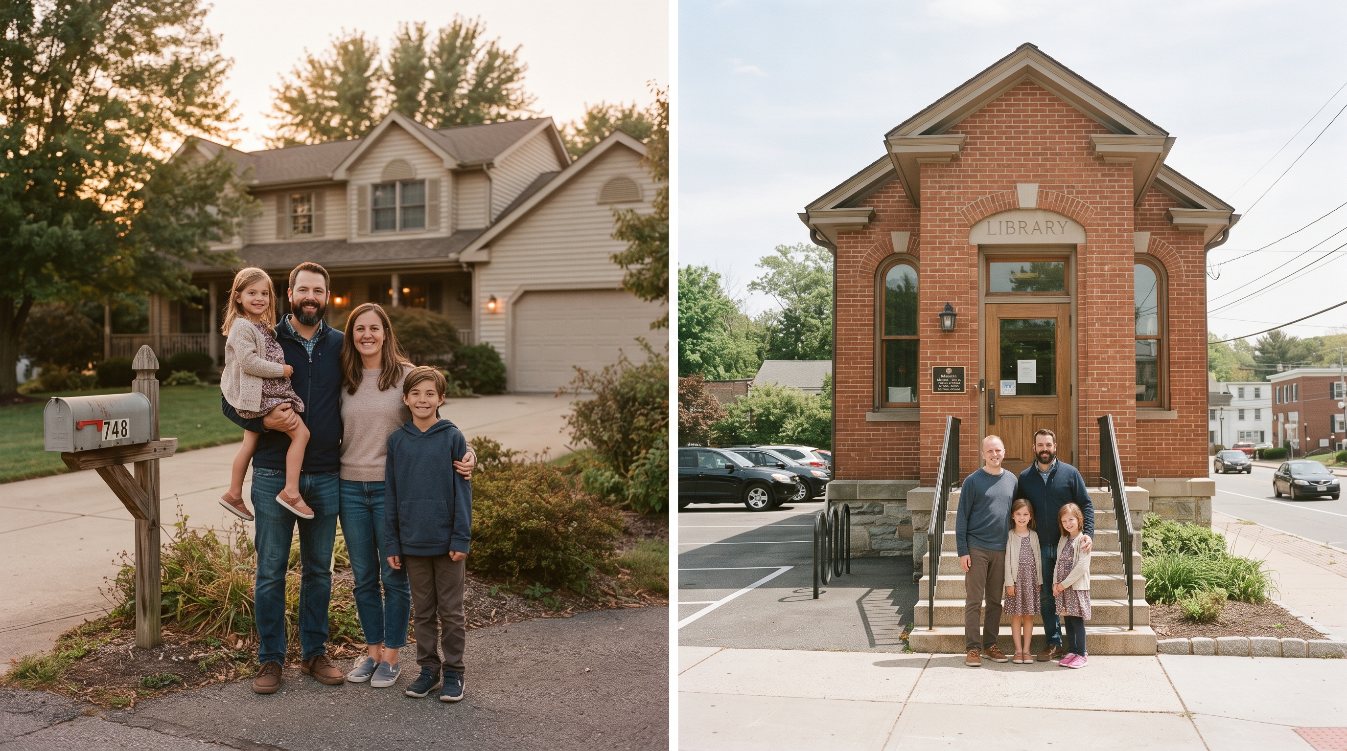 Split image showing a family's close meeting place near their driveway mailbox and their farther meeting place outside a local library
