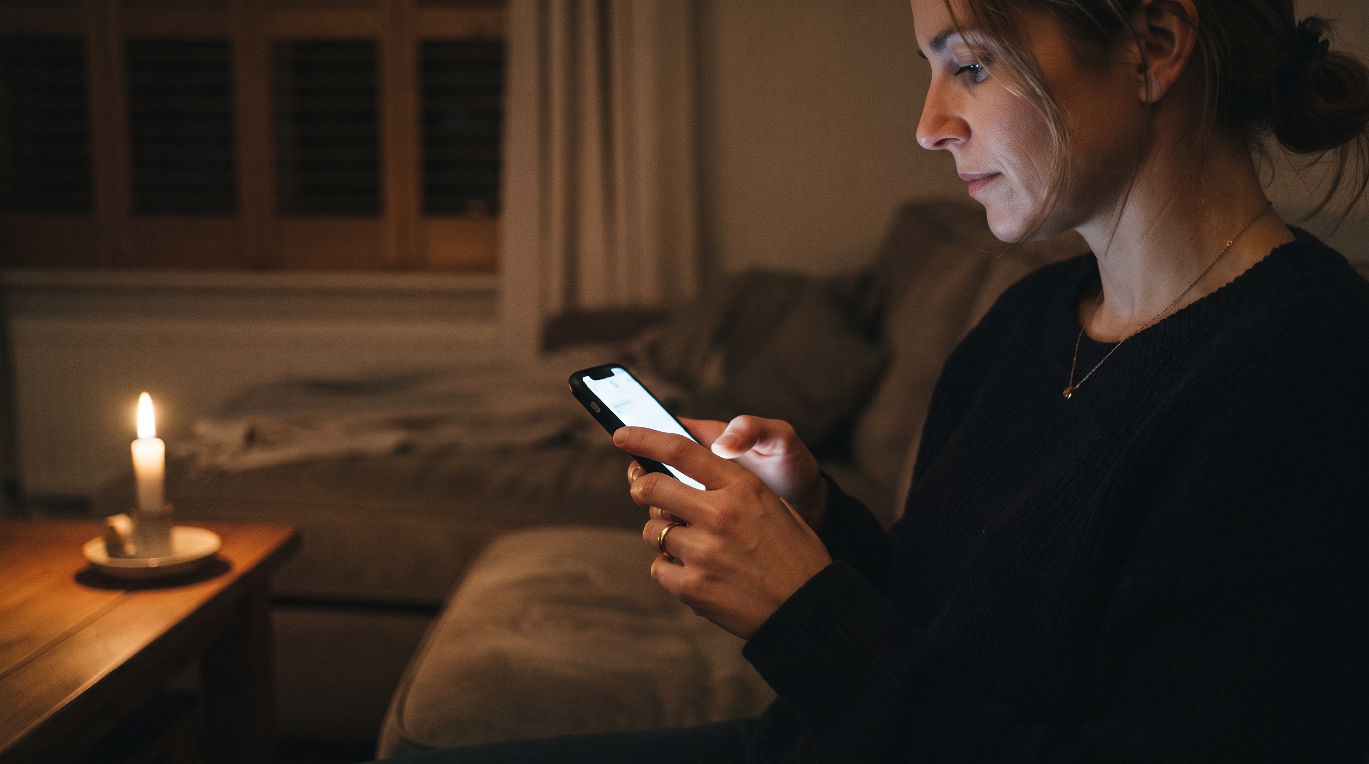 Close-up of a parent texting an out-of-town emergency contact by candlelight during a power outage
