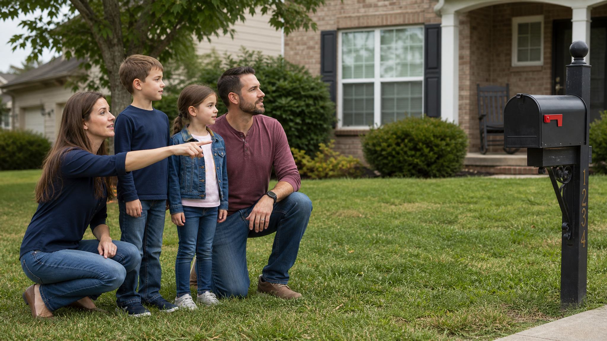 Family of four practicing a fire drill in daylight on their front lawn, parents kneeling with two children pointing toward a meeting spot near the mailbox