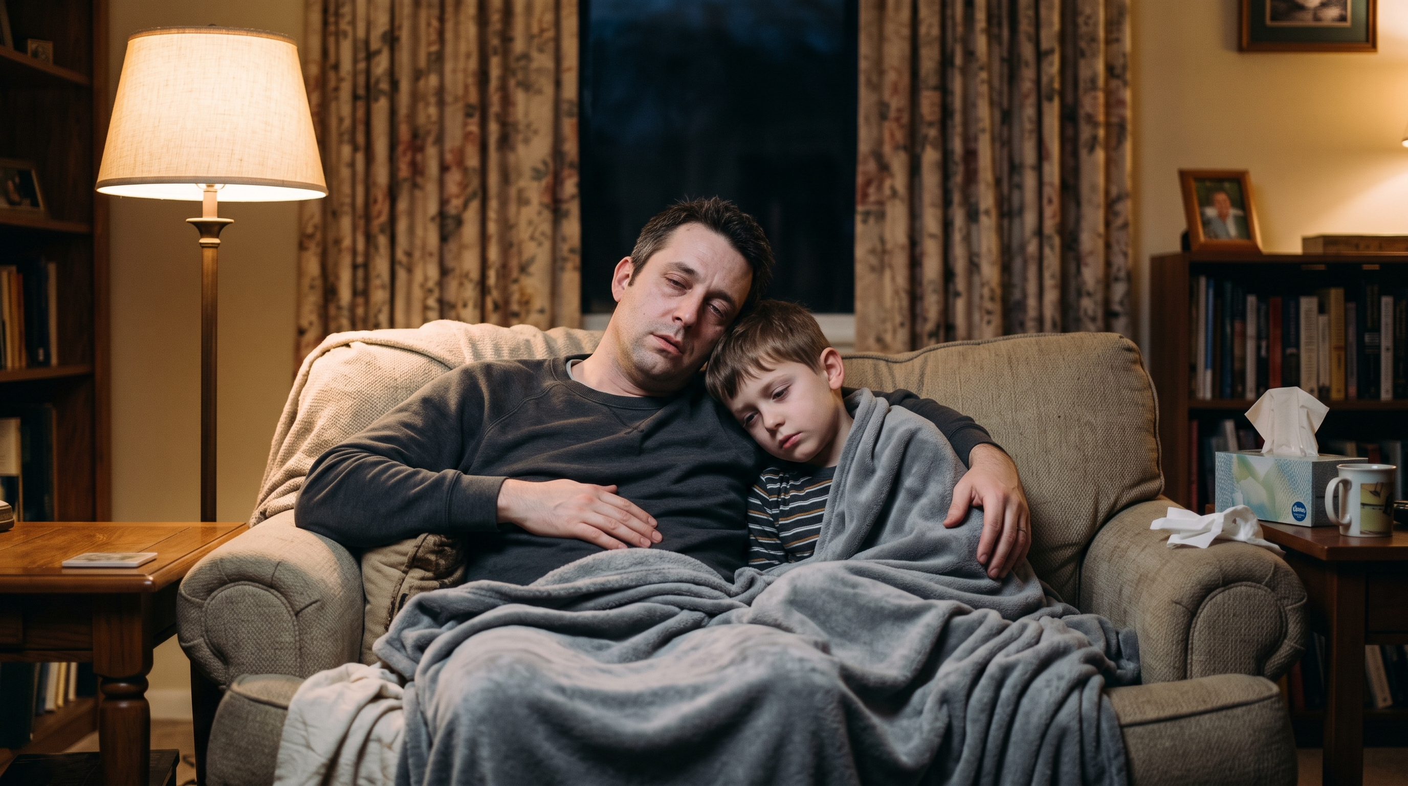 A father and his young son both look pale and unwell on a living room couch in the evening, wrapped in a blanket, resembling a bad flu day