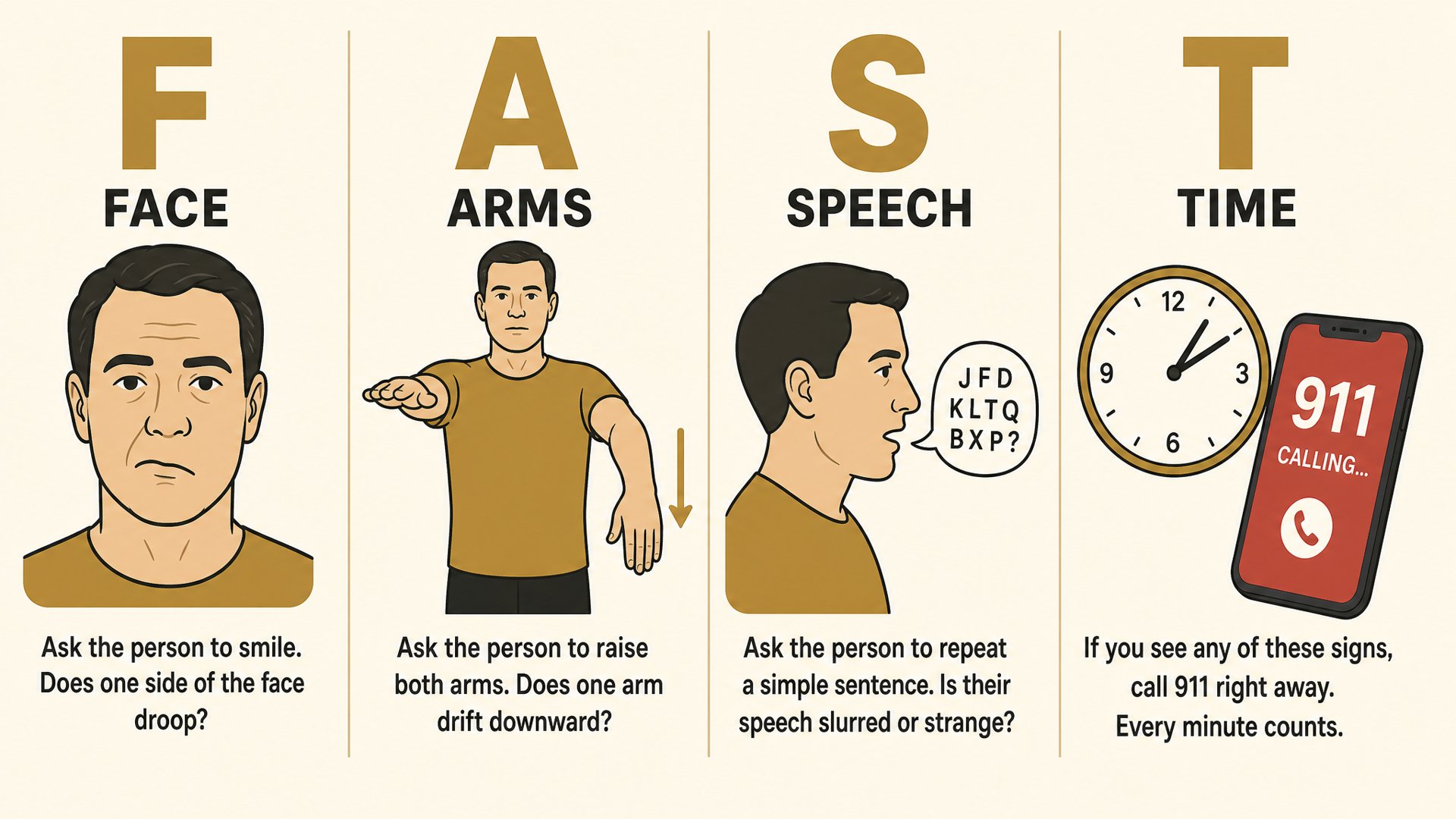 Flat illustration infographic showing the four FAST stroke test steps: F for face drooping with a lopsided smile, A for arm weakness with one arm drifting down, S for slurred speech, T for time to call 911