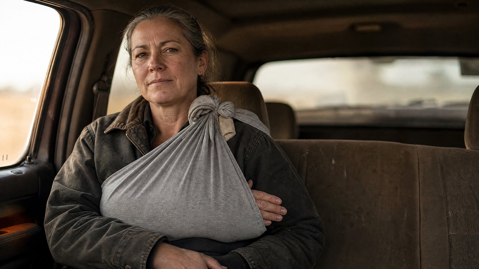 An adult woman in a pickup cab with her left forearm supported in a sling improvised from a grey long-sleeve shirt, hand higher than her elbow and fingertips exposed