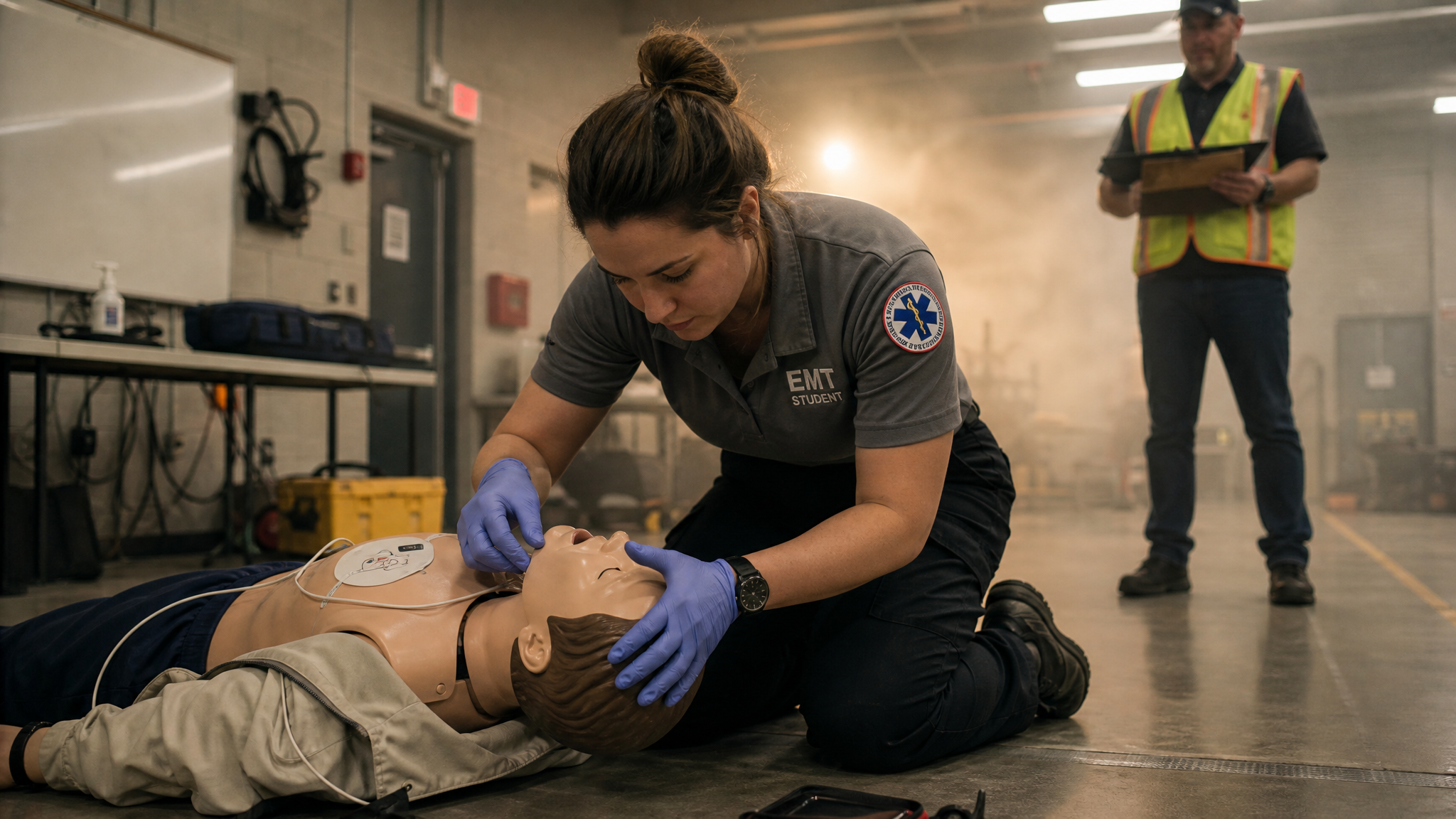 EMT trainee calmly checking a training mannequin's airway during a simulated mass-casualty drill while an instructor observes with a clipboard