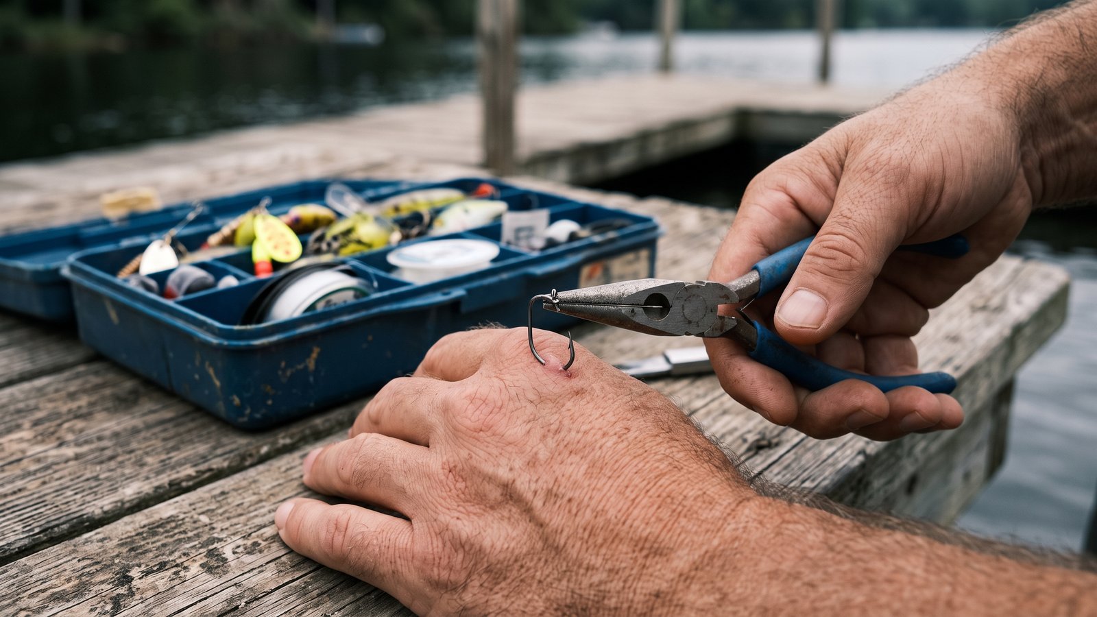 Close-up of hands using needle-nose pliers with a wire-cutting notch to prepare to snip a fishhook point near the skin, with a tackle box visible in the background