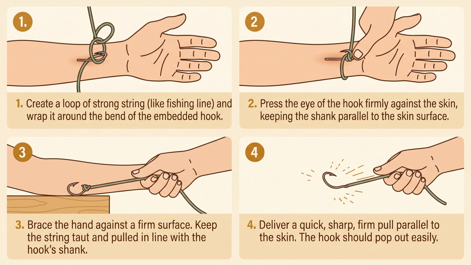 A four-panel illustration showing the string-yank fishhook removal technique: looping string around the hook bend, pressing the shank flat against skin, bracing the hand, and pulling the string sharply parallel to the skin