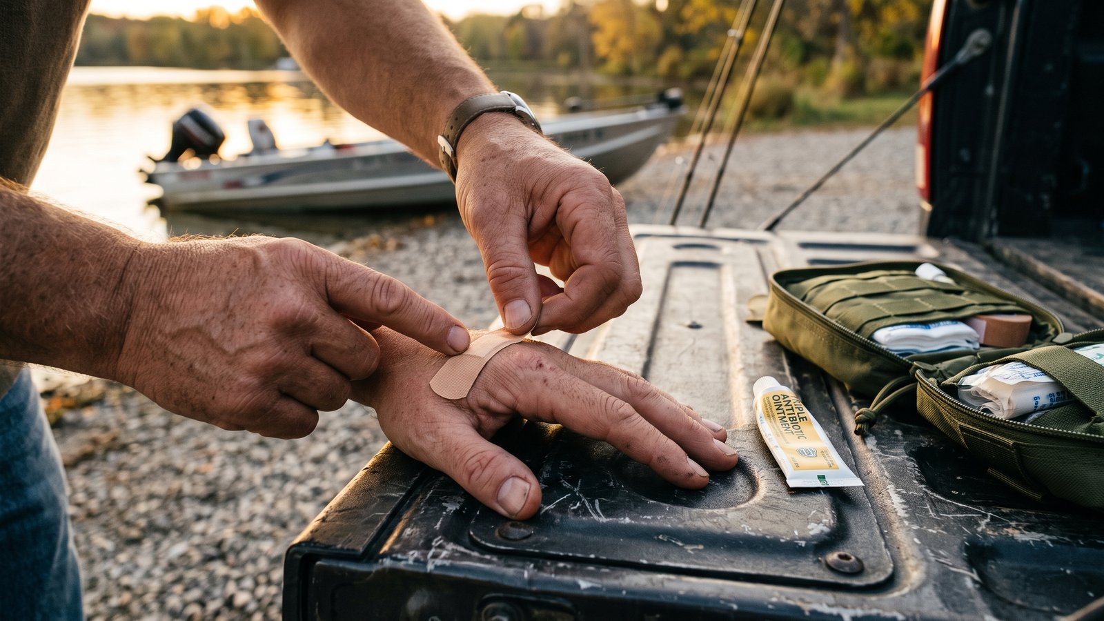 Close-up of hands applying a loose adhesive bandage over a small puncture wound on the back of a hand, with antibiotic ointment and a trauma kit pouch visible on a truck tailgate