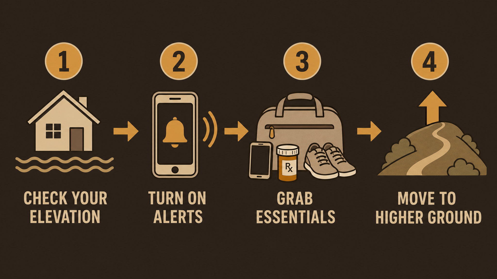 Flat illustration showing four quick steps to take in the first two minutes of a flash flood warning: check elevation, turn on alerts, grab essentials, move to higher ground