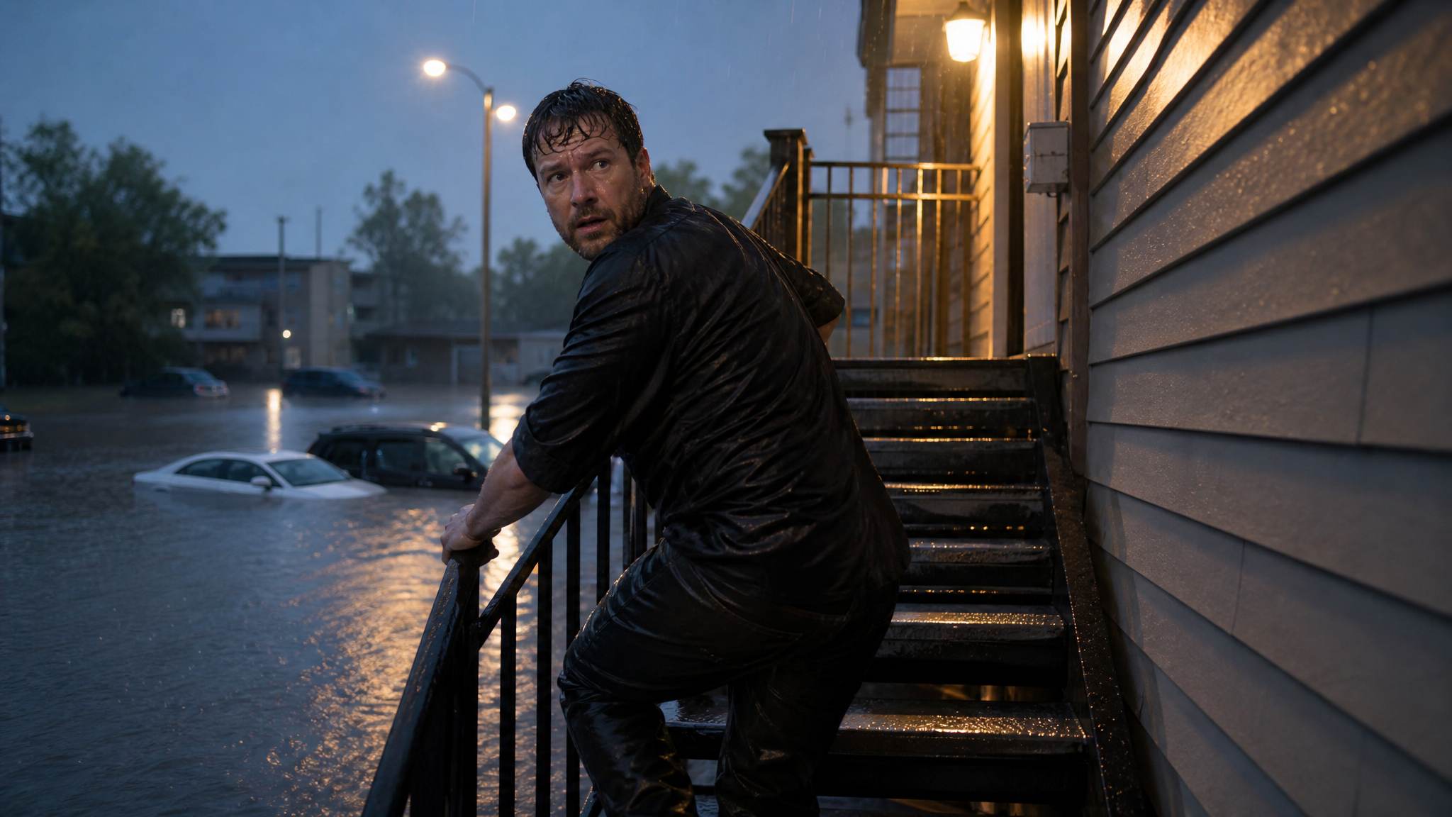 Man climbing an exterior staircase to a second-floor balcony as floodwater rises through a residential street below at dusk