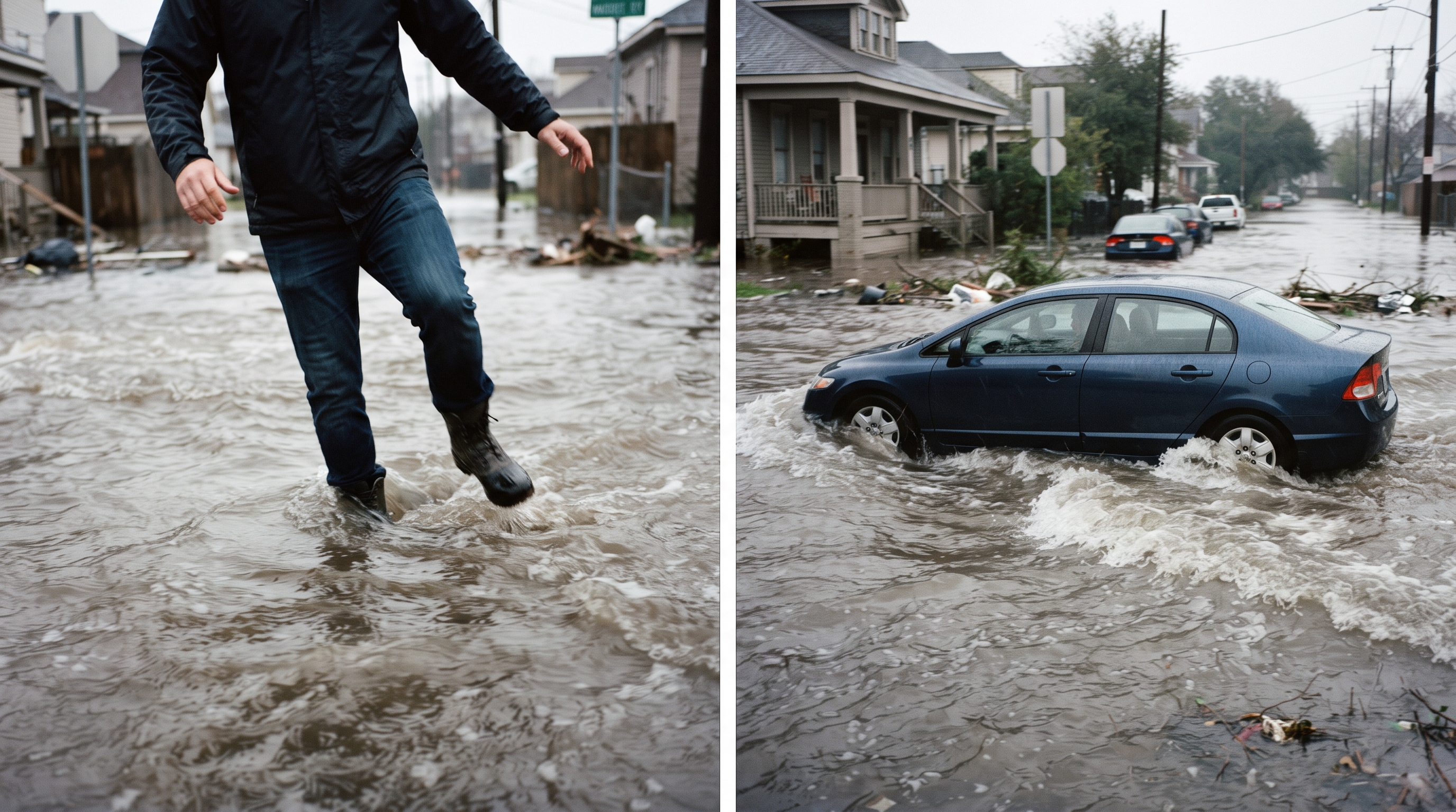 Split image comparing six inches of moving water knocking down an adult on the left against a foot of moving water sweeping away a parked car on the right