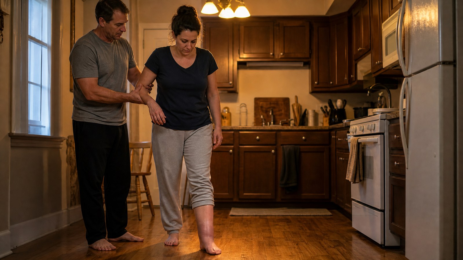 An adult woman taking a careful step on an injured bare foot across a kitchen floor while another adult steadies her forearm