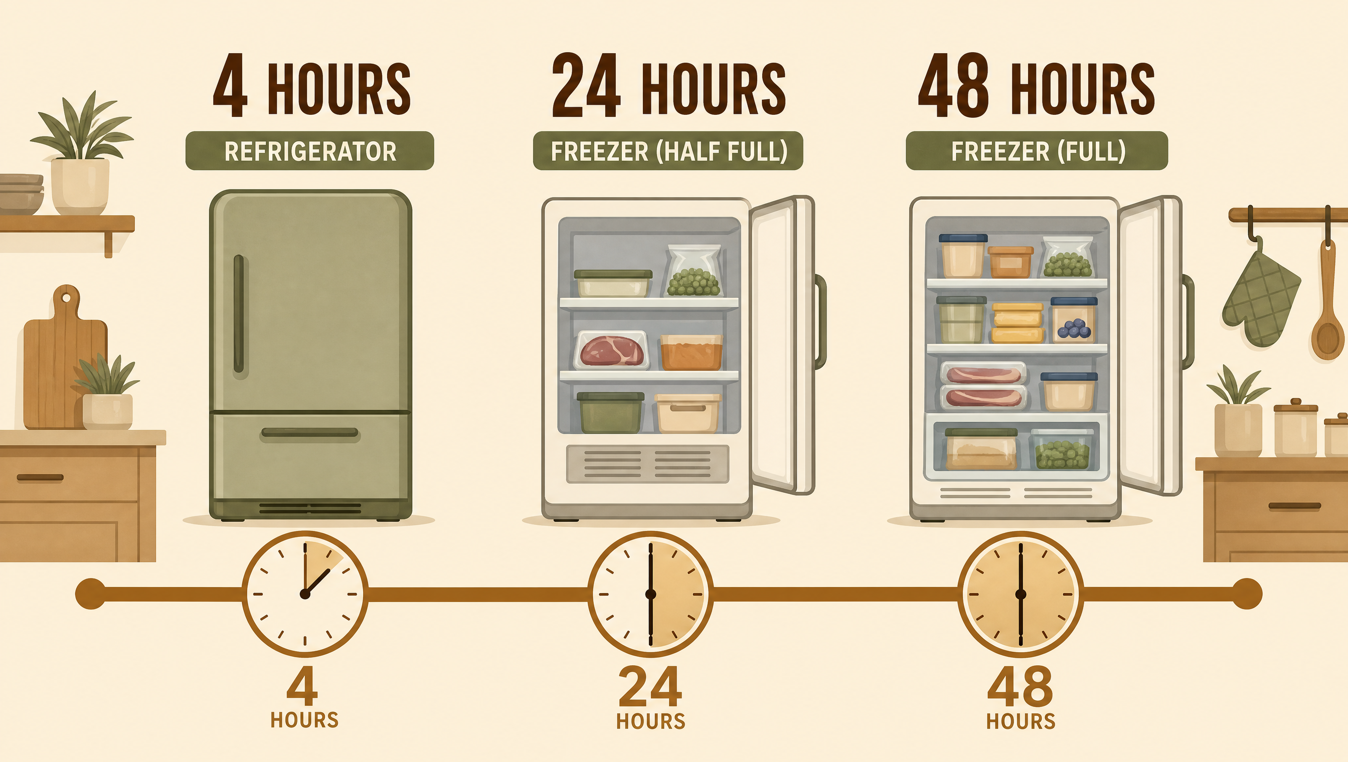 Timeline infographic comparing safe hours during a power outage: refrigerator 4 hours, half-full freezer 24 hours, full freezer 48 hours