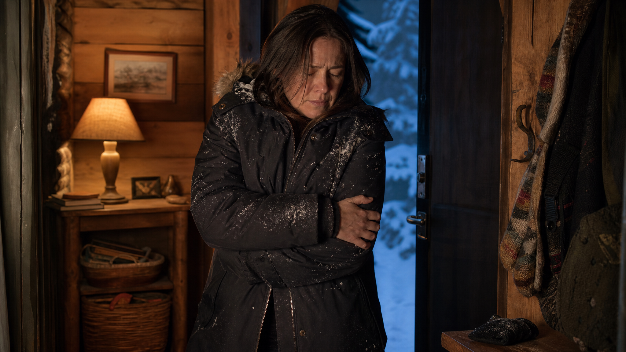 A woman just inside a cabin doorway pulls off a wet glove and tucks her bare hand into her opposite armpit for warmth instead of rubbing it