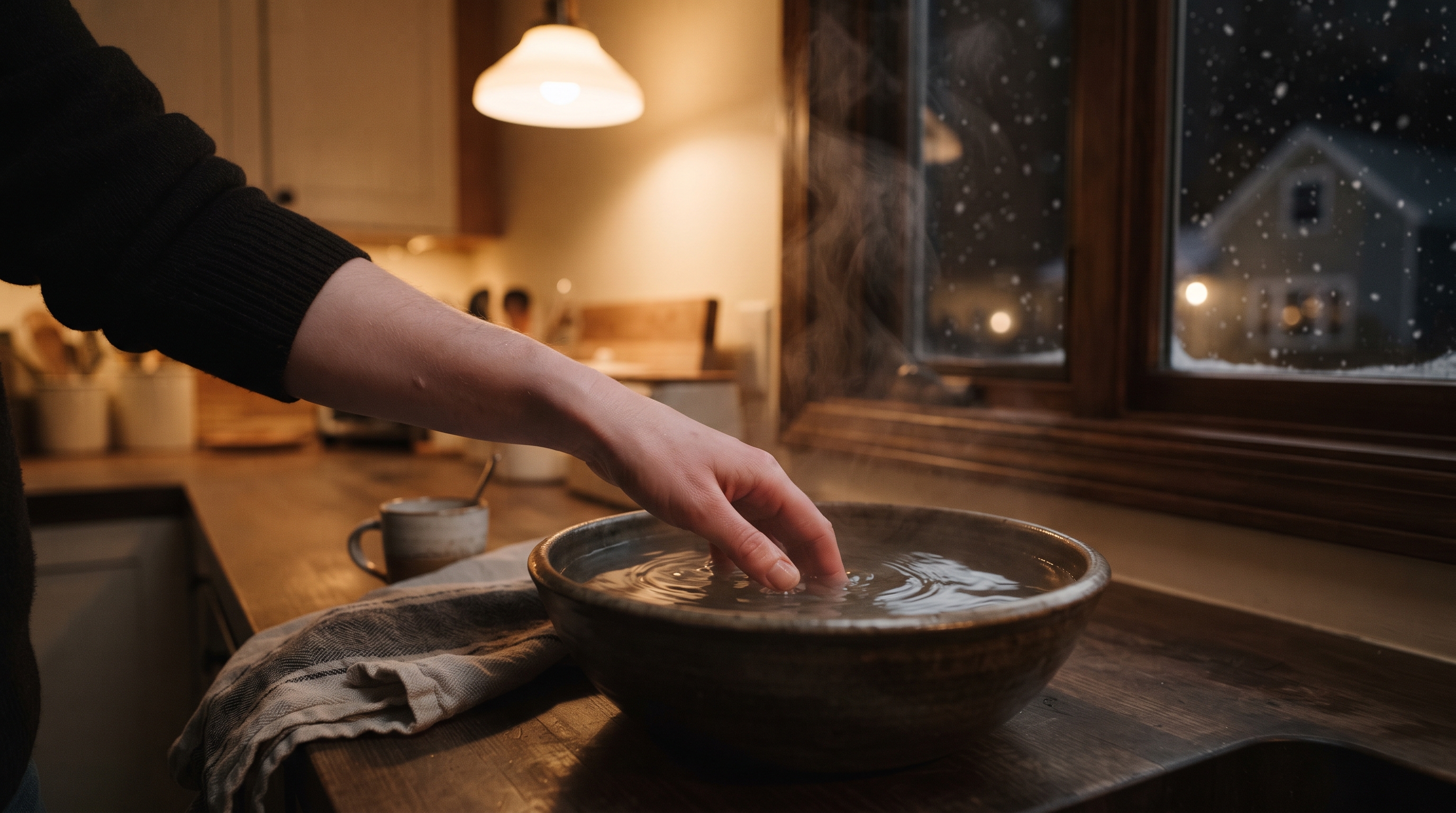 A bare hand being gently lowered into a basin of warm water on a kitchen counter, with light steam rising off the water