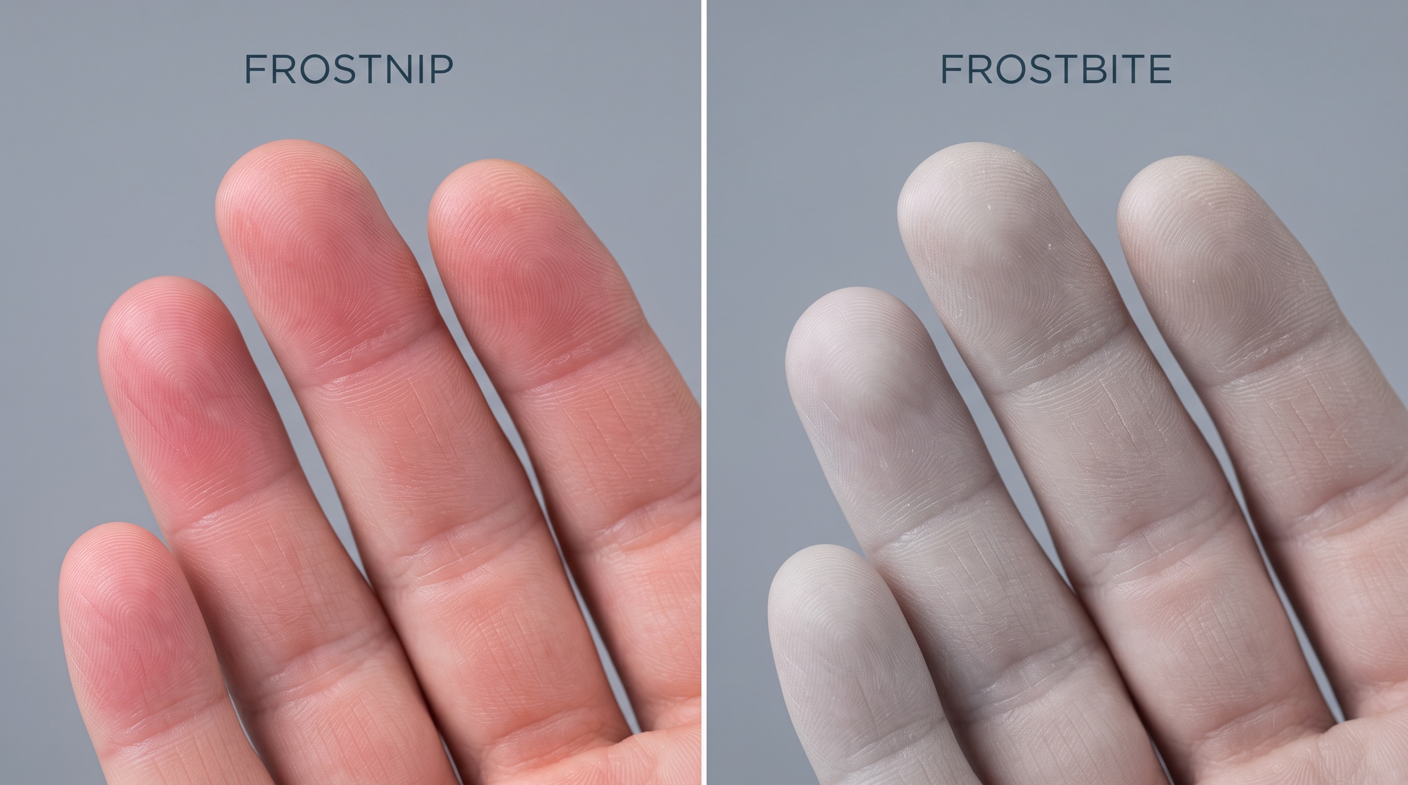 Side-by-side comparison of a hand with mild frostnip showing pink irritated fingertips next to a hand with true frostbite showing pale, waxy fingertips
