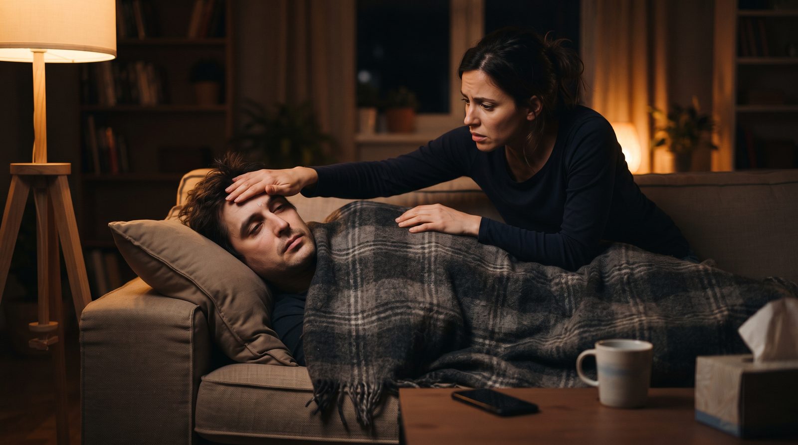 A woman checks her husband's forehead for fever as he lies pale and unwell on a living room couch at night, a phone within reach on the coffee table