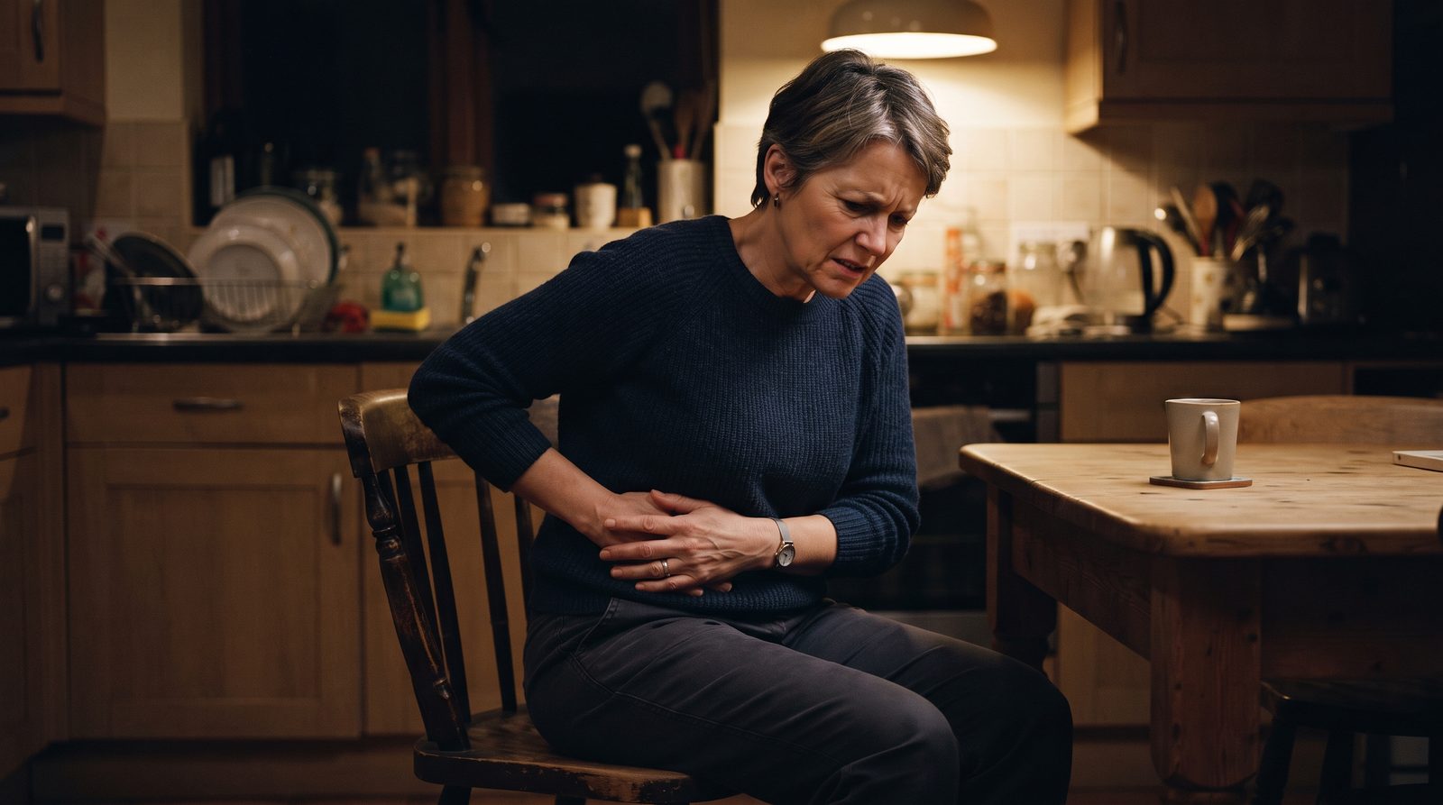 A woman sits rigid on the edge of a kitchen chair, both hands pressed against her upper right abdomen, unable to find a comfortable position