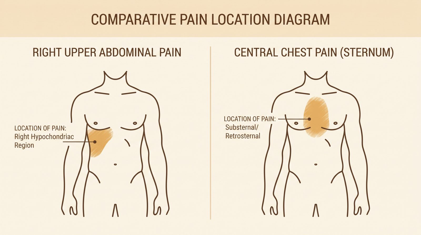 A two-panel diagram of a torso outline comparing gallbladder pain location under the right ribcage against heartburn pain location at the center chest