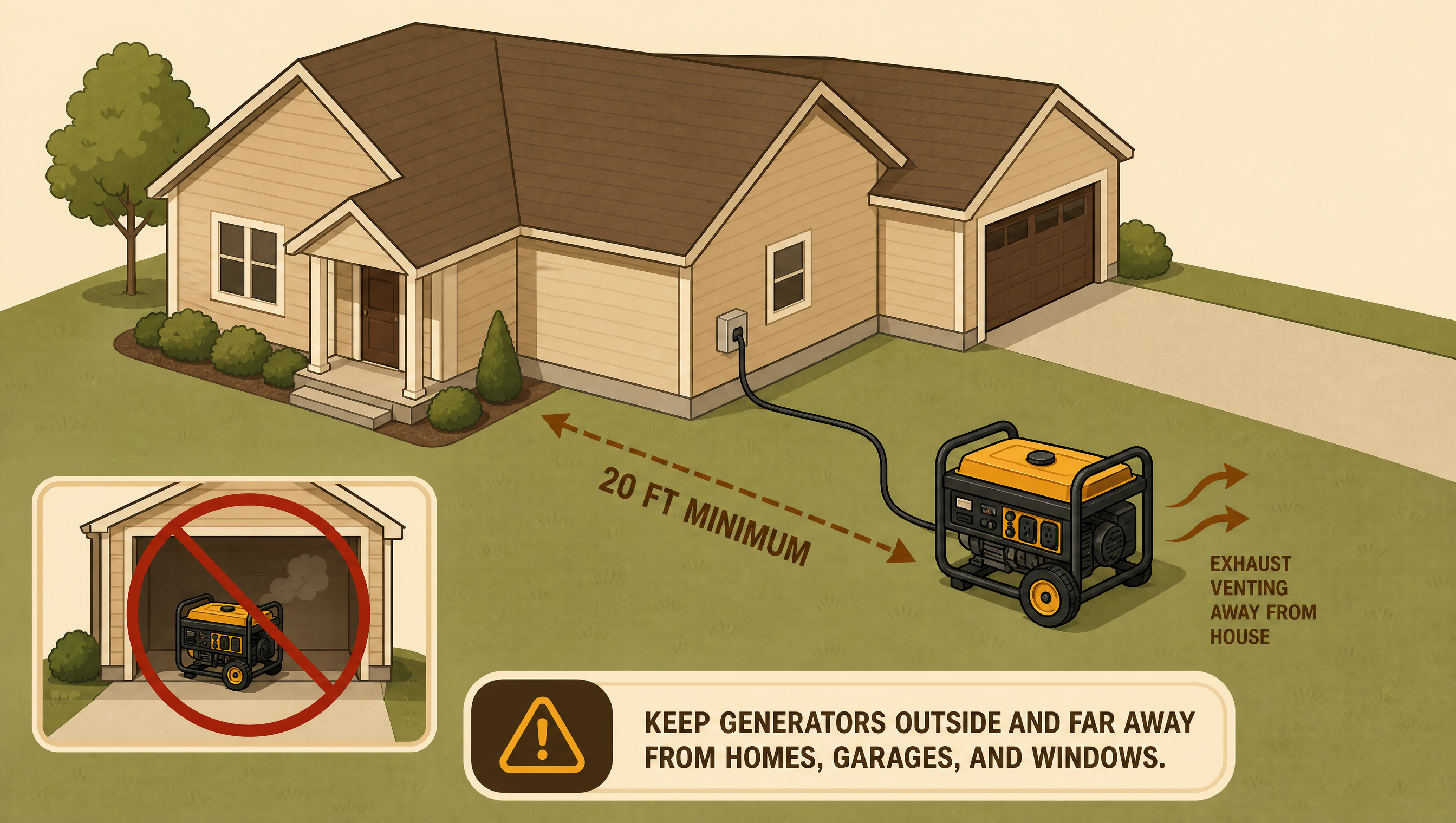 Diagram of a house with a portable generator placed at least 20 feet away on the lawn, exhaust venting away from the home, and a prohibition symbol over a generator placed inside a garage