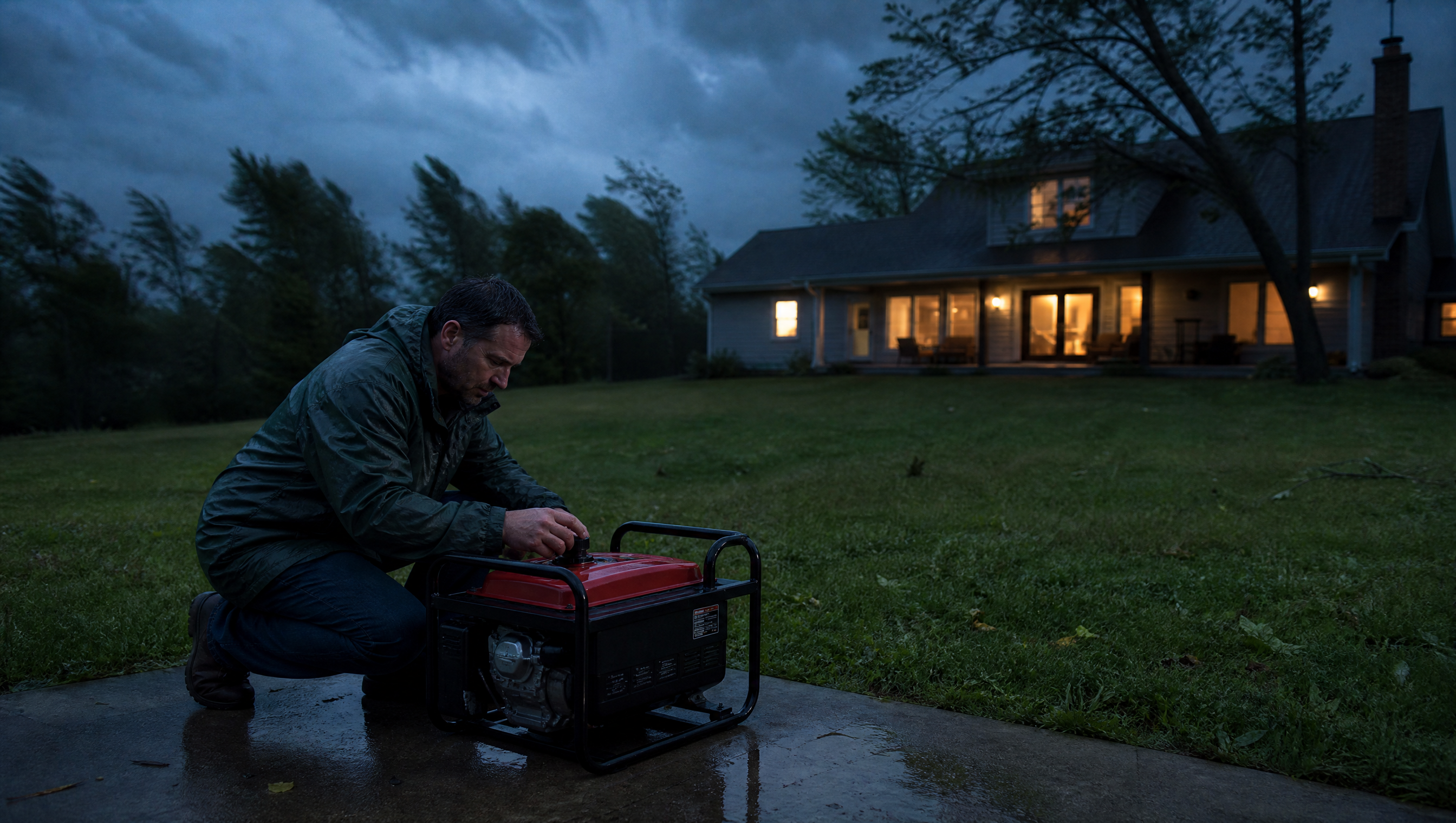 A man sets up a portable generator on a concrete pad well away from his house at dusk during storm preparation, a clear open distance visible between the generator and the windows