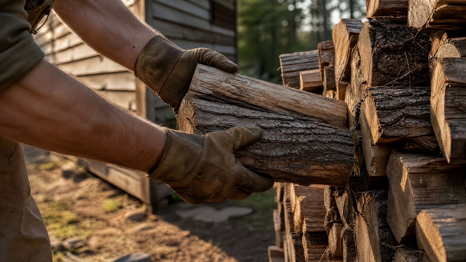 Close view of an adult wearing heavy leather work gloves lifting a split log from a woodpile stacked away from a house wall