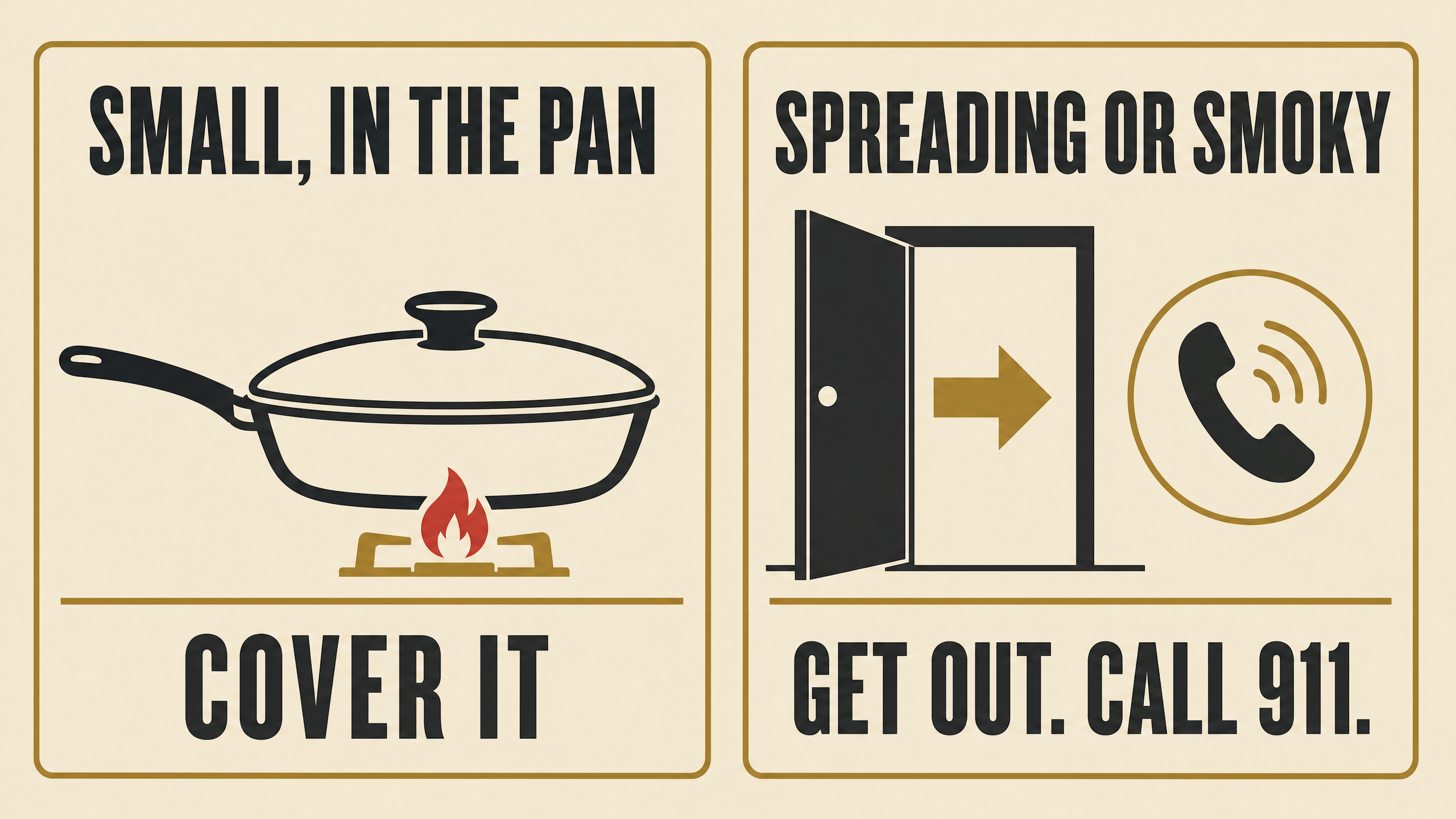Decision illustration for a kitchen fire showing a small pan fire that can be covered with a lid versus a spreading fire where you leave and call 911