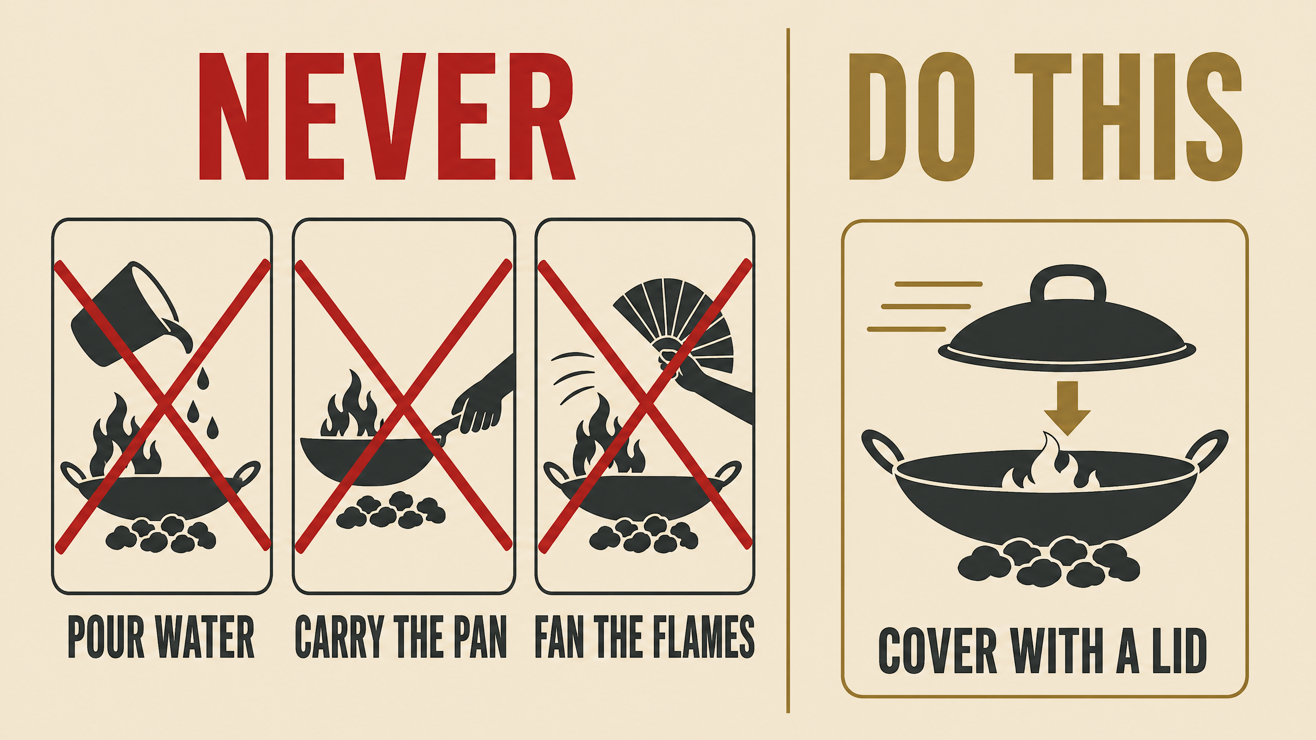 Comparison illustration of grease fire mistakes to avoid: pouring water, carrying the pan, and fanning the flames, next to the correct move of covering with a lid