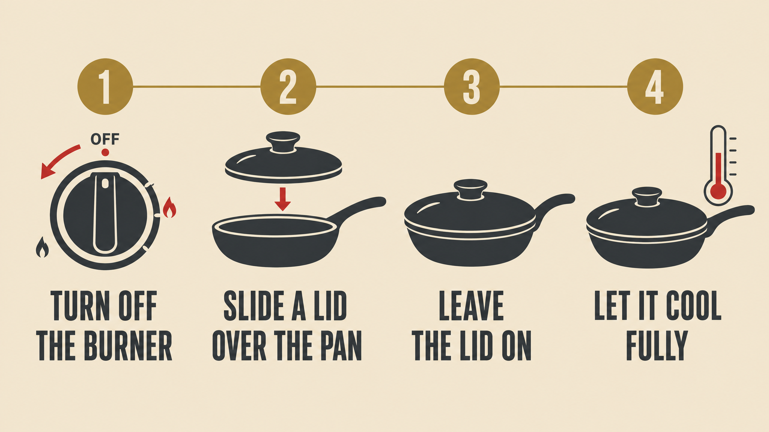 Four-step illustration for a grease fire: turn off the burner, slide a lid over the pan, leave the lid on, and let the pan cool