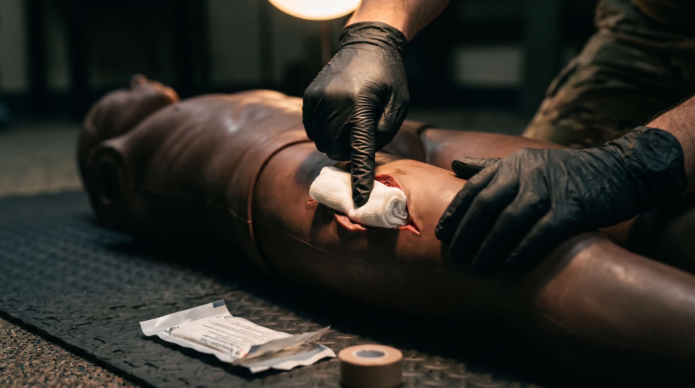 Close-up of gloved hands packing gauze into a simulated groin wound on a medical training manikin, tactical setting