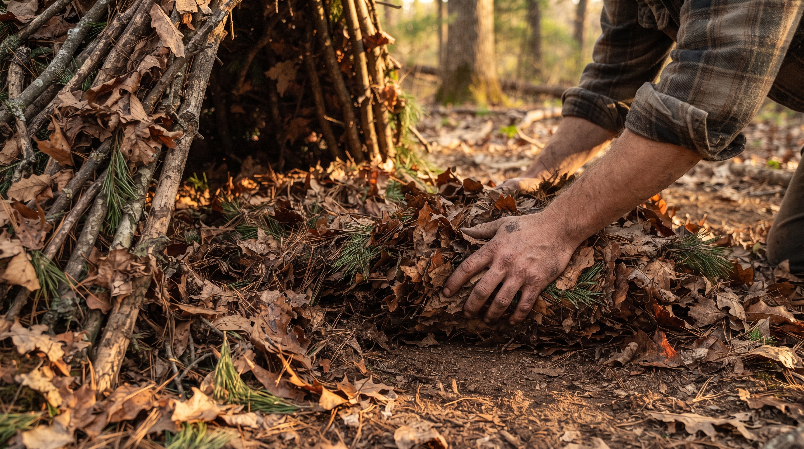 Close-up of hands piling a thick layer of dry leaves and pine needles for ground insulation inside a shelter