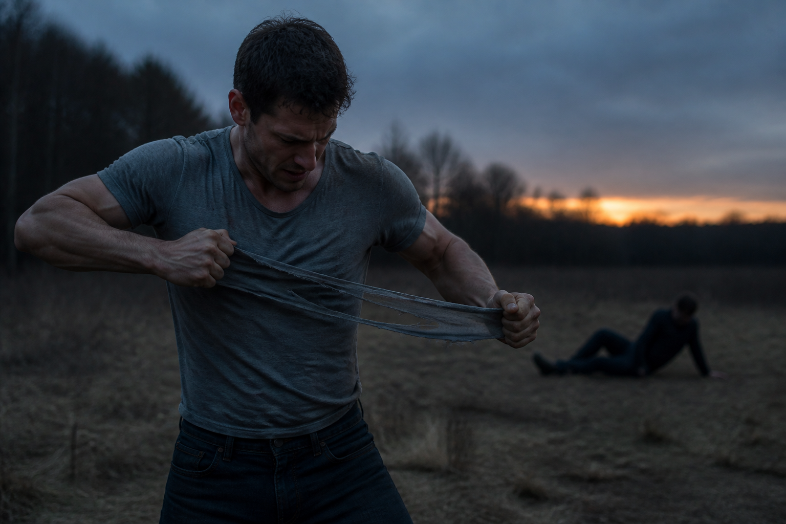 Person tearing a shirt into strips in a dimly lit rural outdoor setting, makeshift first aid for a bleeding wound on a companion's leg, gritty realistic lighting