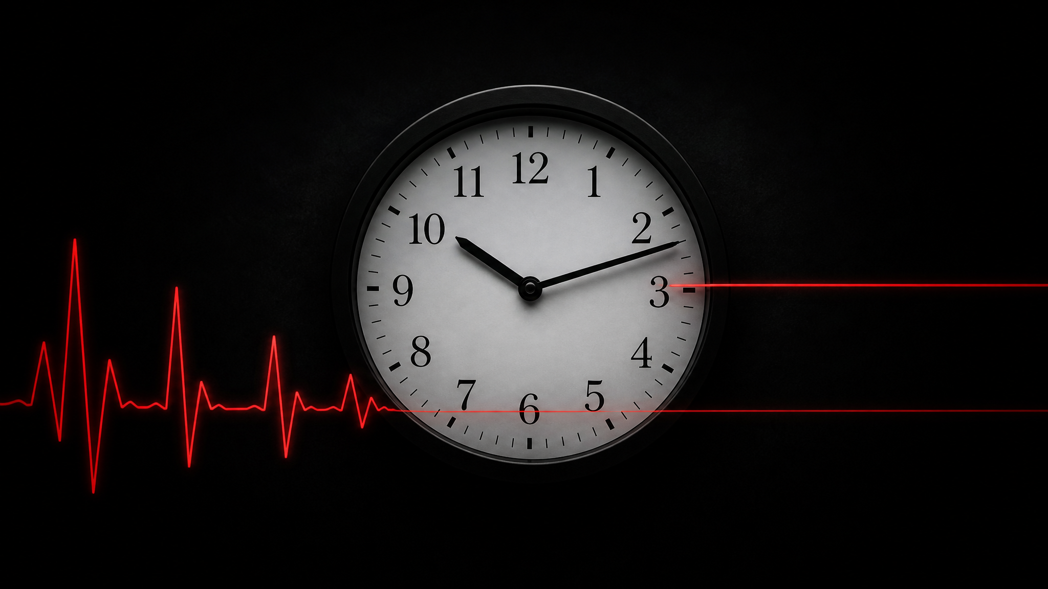 Clock overlaid on a dark background with a fading heartbeat line, representing the critical first ten minutes after a gunshot wound, stark medical urgency