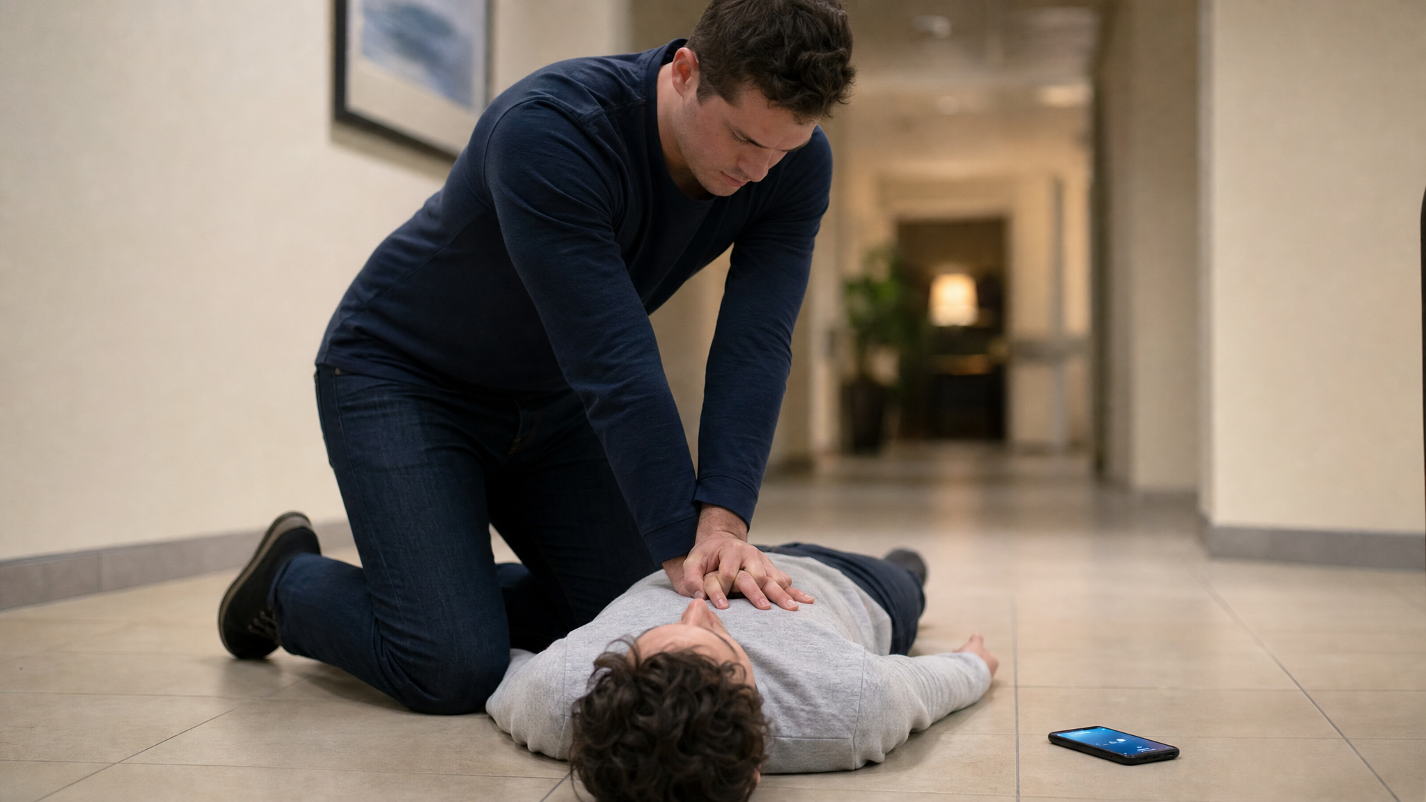 Person performing CPR while phone on speaker shows active 911 call