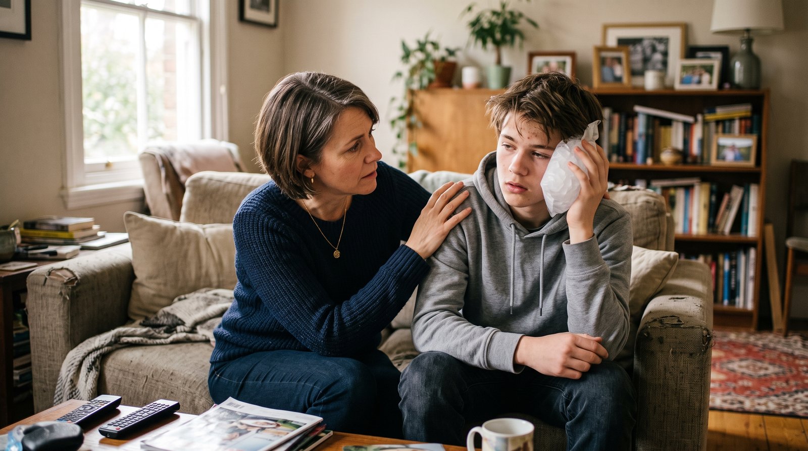 A concerned adult sitting beside a teenager on a couch, gently checking in on him with a hand on his shoulder after a head injury, a bag of ice nearby