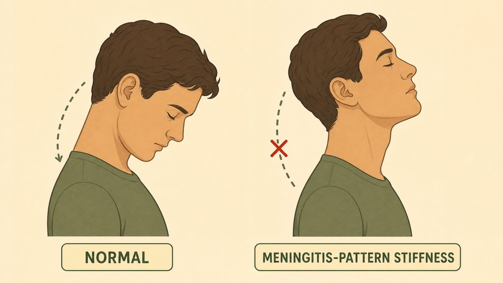 A two-panel comparison illustration showing a normal neck bending forward comfortably next to a stiff, resistant neck unable to bend, demonstrating the at-home meningitis neck-stiffness check