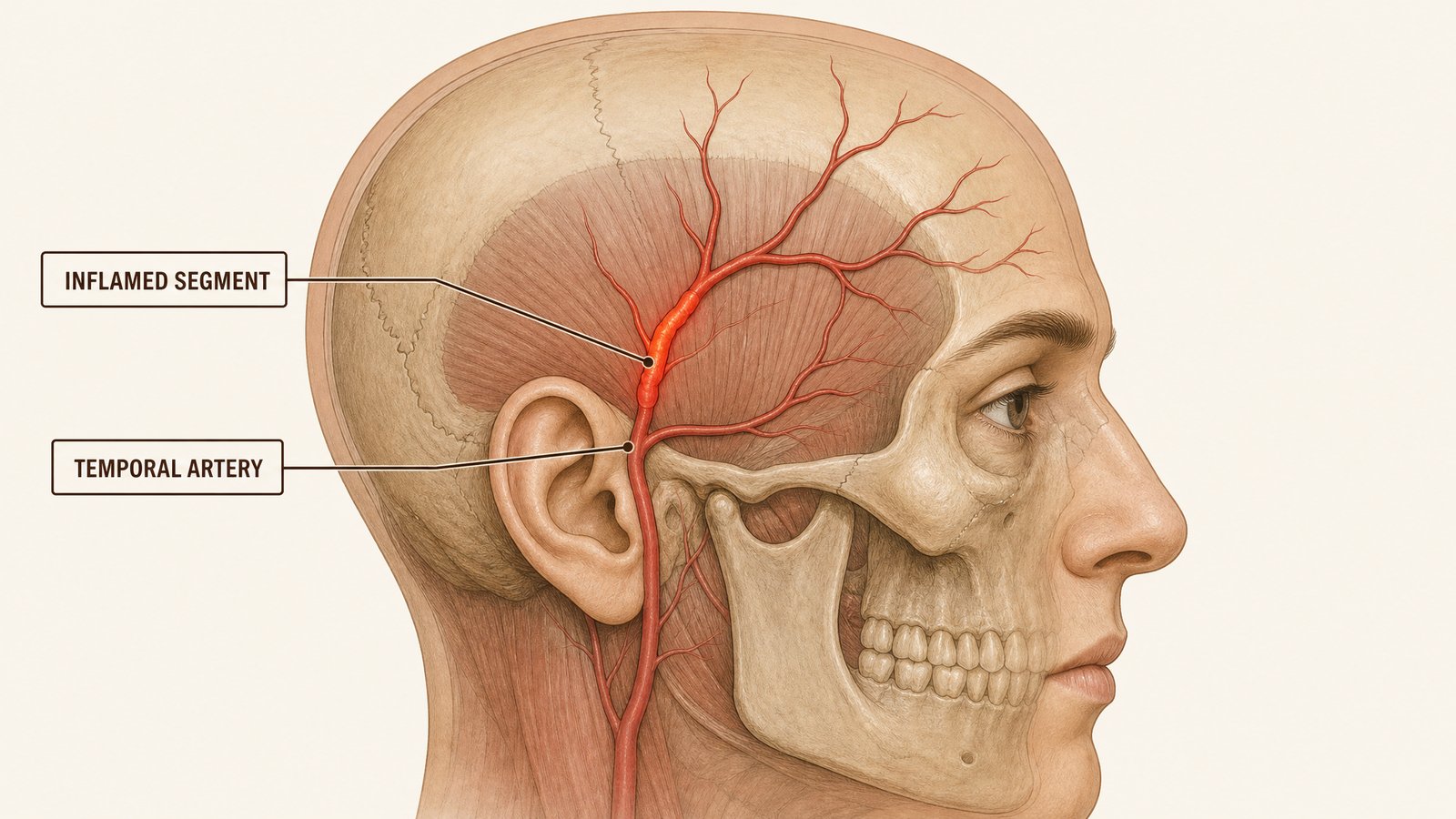 A labeled anatomical illustration of the temporal artery running along the side of the head near the temple, with an inflamed section highlighted to show where giant cell arteritis pain originates