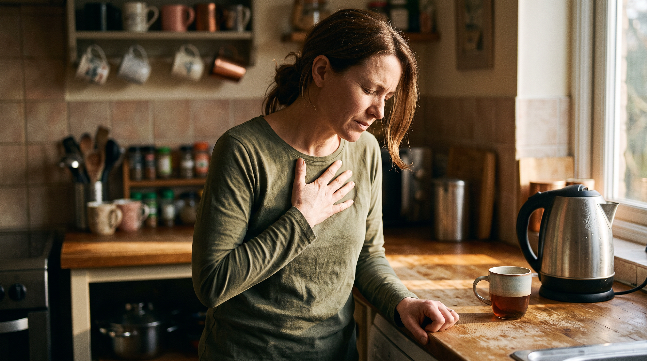 A woman in her forties steadies herself with one hand on a kitchen counter, other hand pressed to her chest, eyes closed as a wave of dizziness hits her in warm early morning light